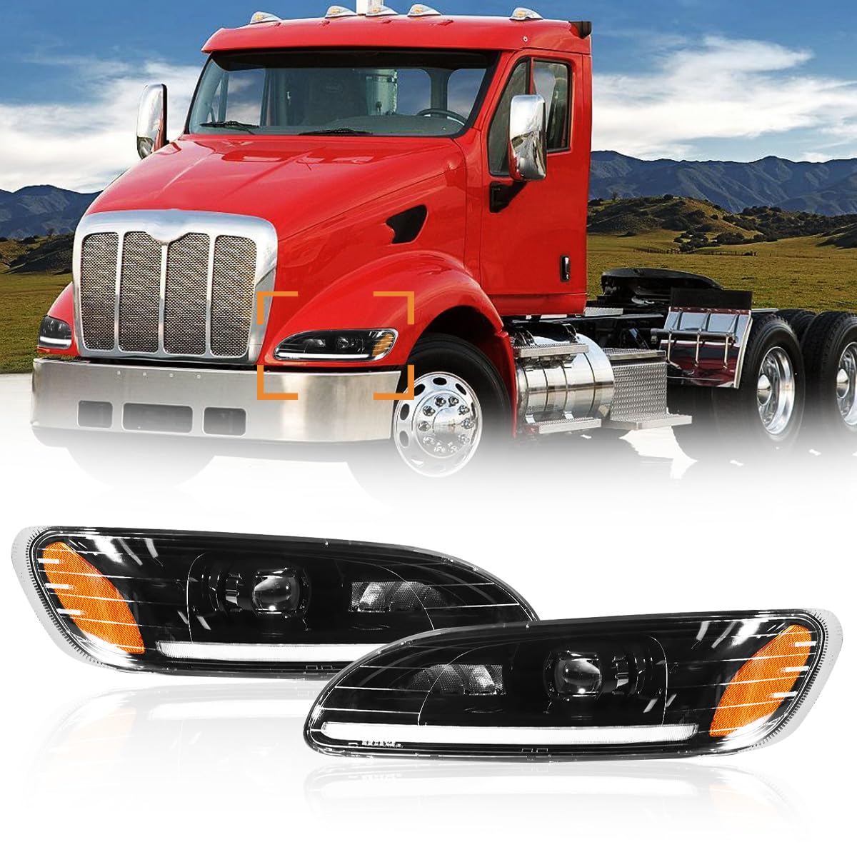 Photo 1 of ***DAMAGED***Hpdmauto Headlights for Peterbilt 387 325 330 335 337 340 348 382 384 386 Truck High and Low Beam Bulb Left Driver and Right Passenger Side Pair LED Headlamp(Black)
