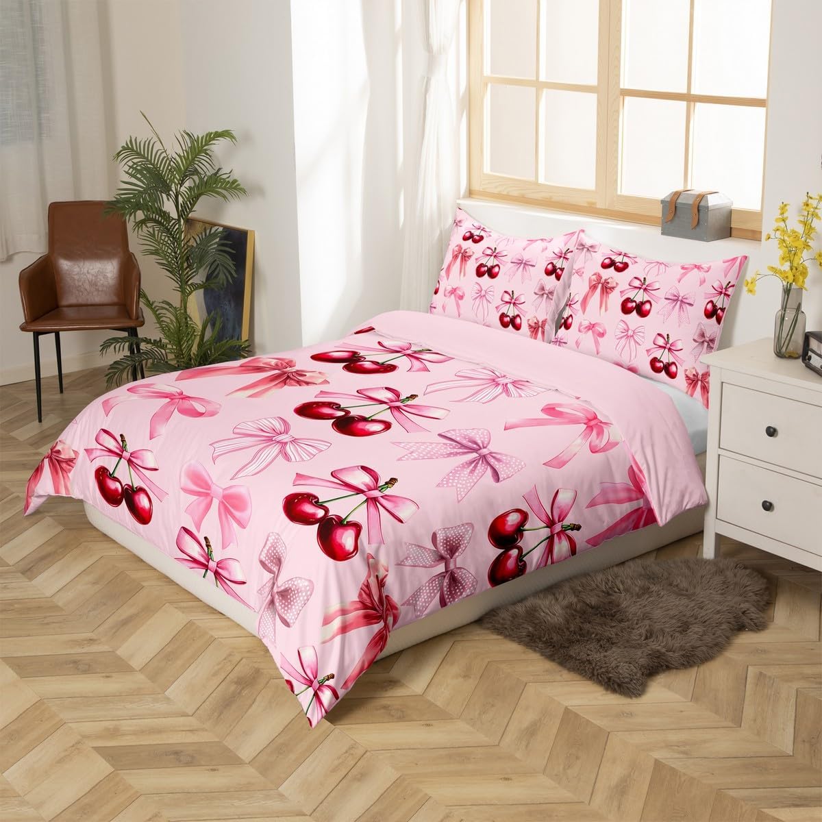 Pink Bowknot Duvet Cover Set Toddler Size,Kawaii Bow Tie Girly Princess Style Reversible Quilt Cover for Kids Boys Girls Cute Dreamy Cherry Tropical Fruits Bedding Set with 1 Pillowcase,No Comforter