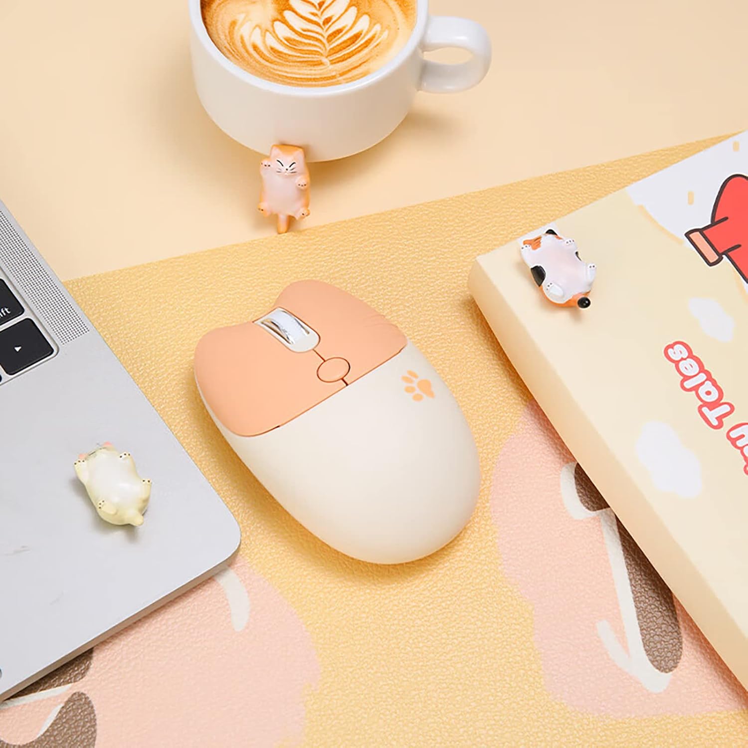 Cute Cat 2.4G USB Wireless Keyboard and Mouse Combo, Silent Keys, Candy Colors, Compatible with Notebook, PC (MilkTea-84Keys)