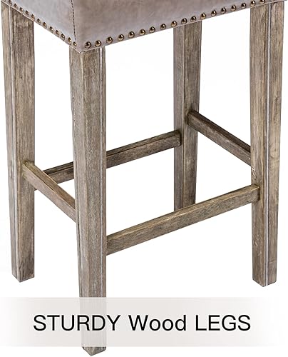 Miniatura 7 de Noskatu Juego de 2 taburetes de bar de 29 pulgadas de altura de mostrador, taburetes de cuero sintético, con cabeza de clavo, sillas de bar de