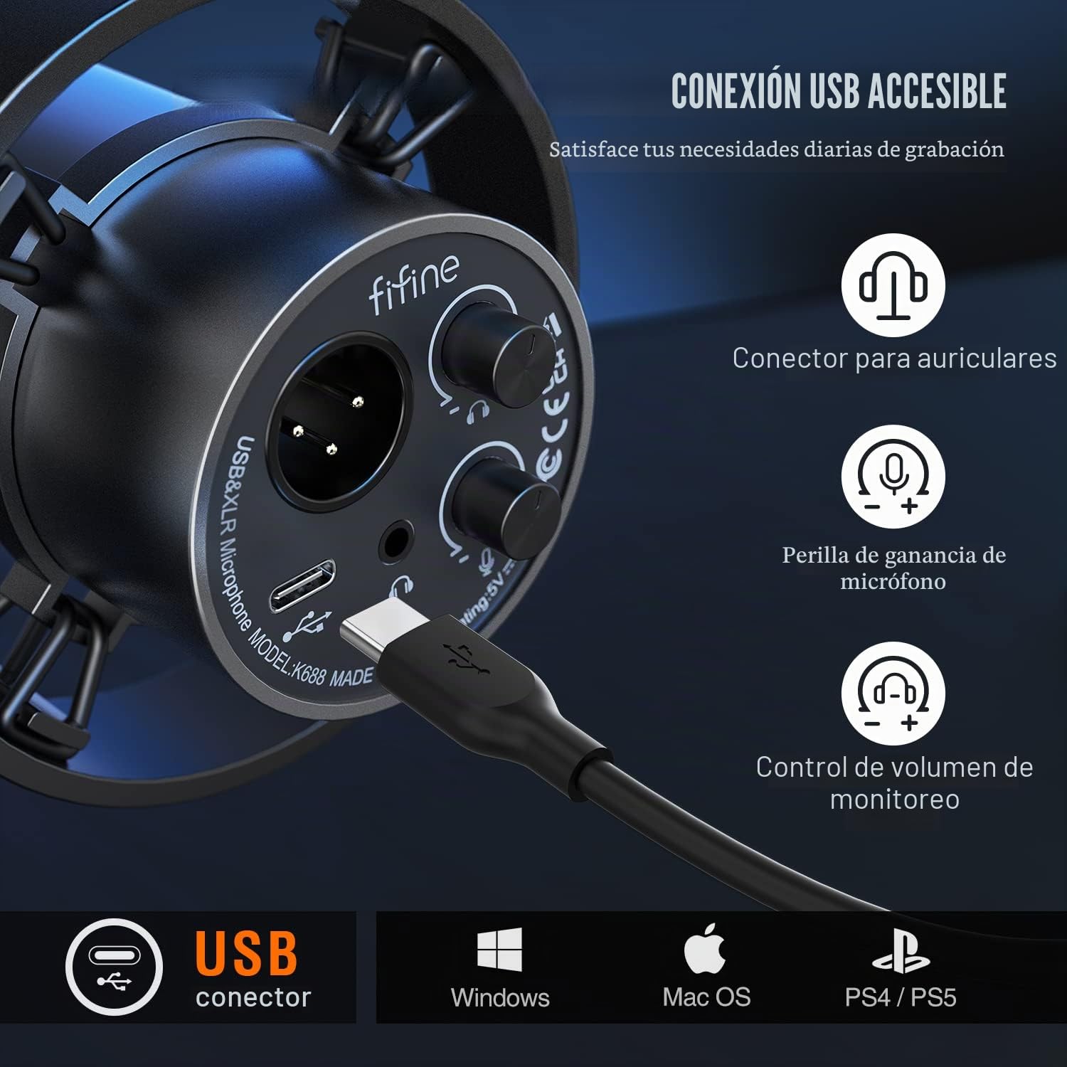 FIFINE Micrófono de grabación XLR/USB para estudio, micrófono cardioide dinámico para voz en off de música, juegos, con conector de auriculares de 3.5 mm, botón de silencio, micrófono de metal