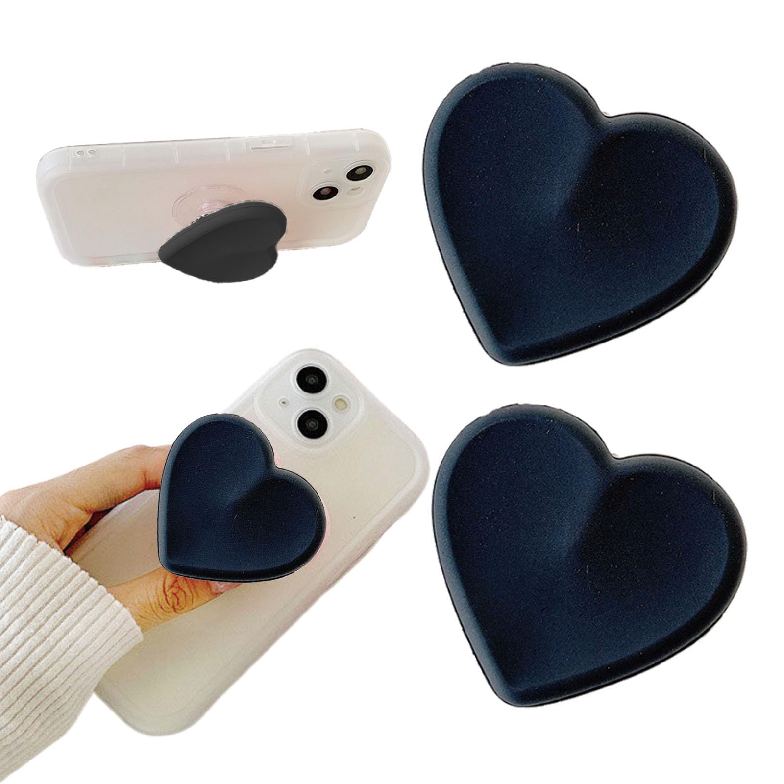 2PCS Heart-Shaped Silicone Mobile Phone Grip Stand,zakora Collapsible Cellphone Finger Grip Holder for Smartphone Tablet Cell Phone Accessory (Black)