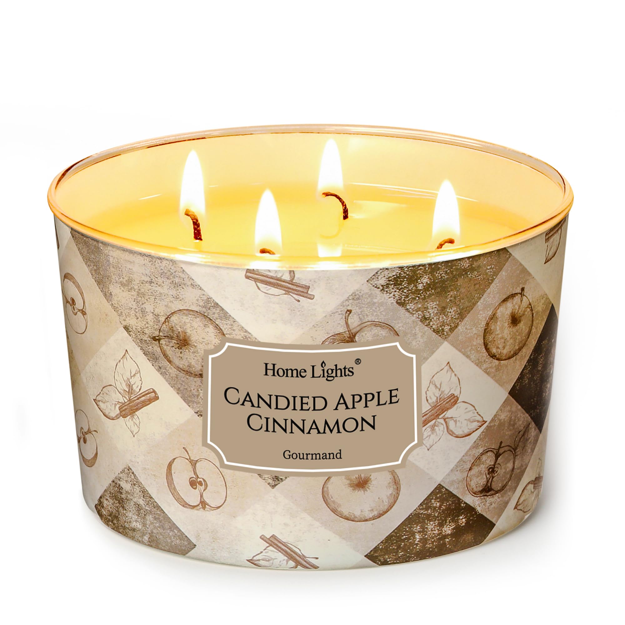 HomeLights Candele al profumo di cedro balsamico 510g, stile industriale chic, barattoli grandi da 4 stoppini Candele ideali per regali per eventi Seasonal Gourmand (Canella di mele caramellate)