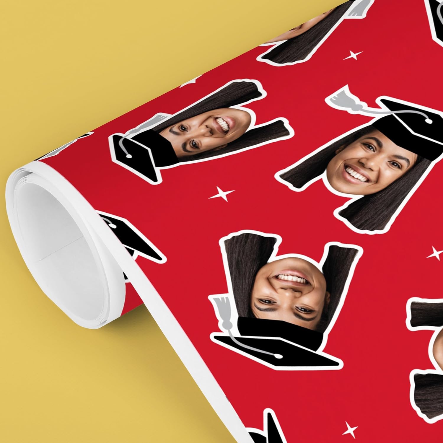 Big Dot of Happiness Personalized Photo Red Graduation Wrapping Paper, Graduate Cap with Tassel Head Picture Cutout, Custom Gift Wrap Supplies for Grad Party, 24 in x 7 feet (1 Fun Face, 1 Roll)