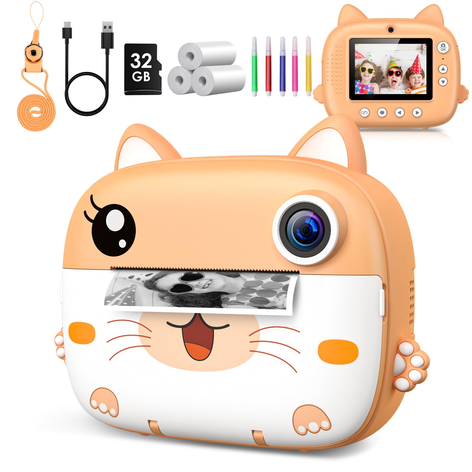Macchina Fotografica Bambini Istantanea, GREENKINDER 2.4 Pollici/1080P HD Fotocamera Istantanea Bambini Digitale con 32GB Scheda & 5 Penne Colorat, Carta da Stampa, Regalo per Bambini dai 3-12 Anni