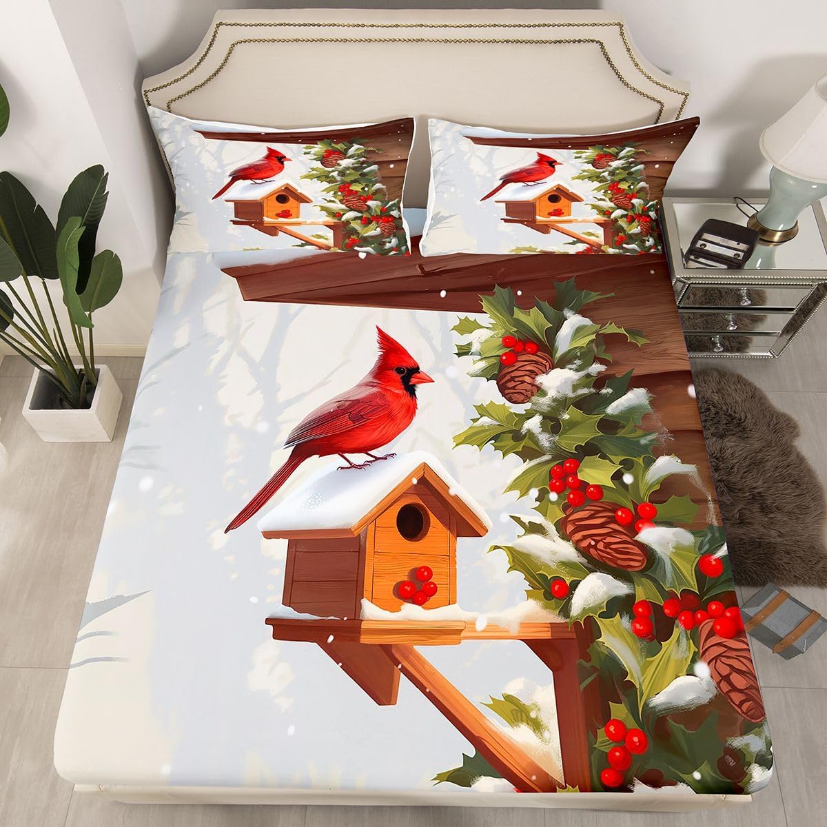 Red Cardinal Bed Sheets for Wife Women Men, Cute Wild Animals Bird Fitted Sheet All Season Holly Leaves Sheets Full, Red Berries Fresh Nature Bed Set, Room Decor Aesthetic