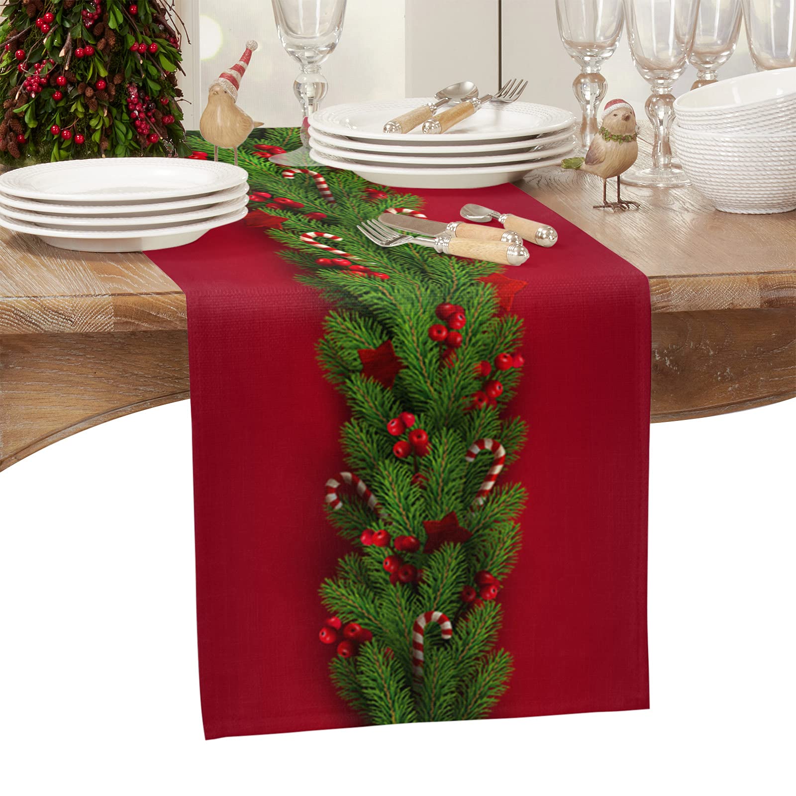 Christmas Table Runners 108 inches Long, Xmas Trees Red Cotton Linens Table Cloth Dresser Scarves for Wedding Dinning Tables Parties Holiday Home Decor, Holly Berry Candy Cane Table Decorations