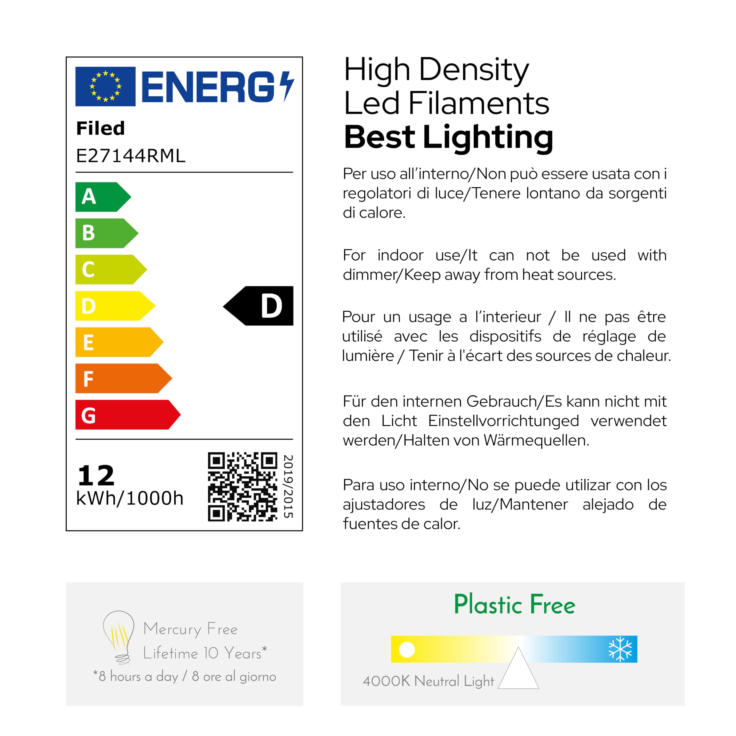Lampadina Goccia 14W Pari a 140W, E27, Vetro Milky, 4000K Luce Naturale, filamento LED dritto, 1820 Lumen, Pack 10 Pezzi