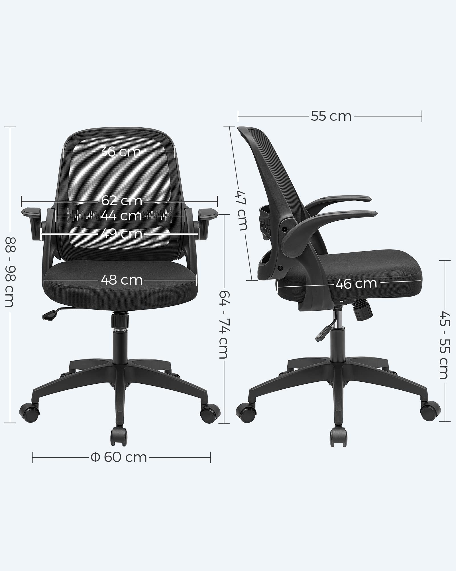 SONGMICS Silla de Oficina, Silla de Escritorio, Silla Giratoria Ergonómica, Silla de Ordenador, Altura Ajustable, Apoyabrazos Abatibles, Mecanismo de Inclinación, Negro OBN035B01
