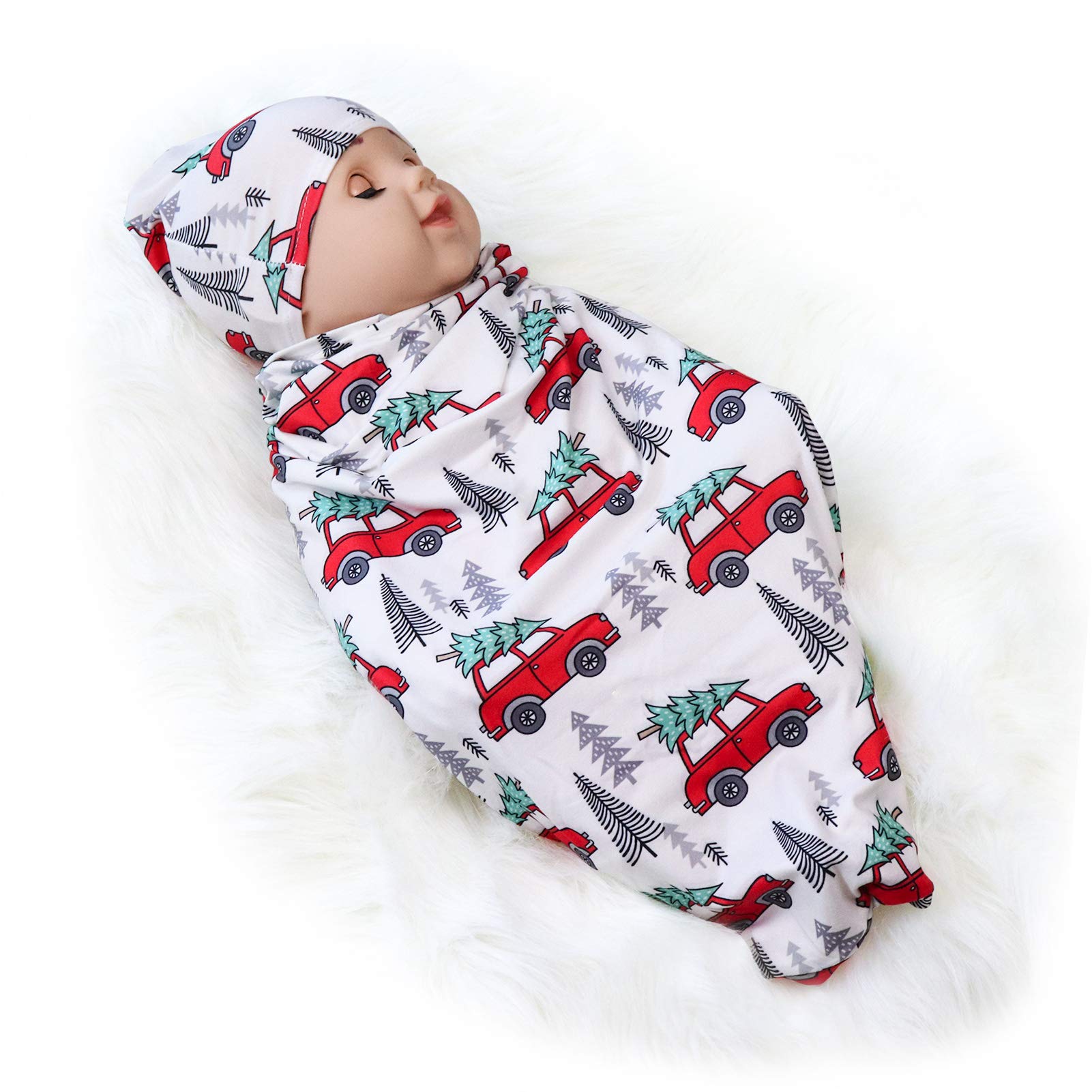 TIANNUOFA Newborn Swaddle Blanket with Beanie Set,Soft Stretchy Cocoon Sack for 0-3 Months Baby Boys and Girls(Car and Cedar)