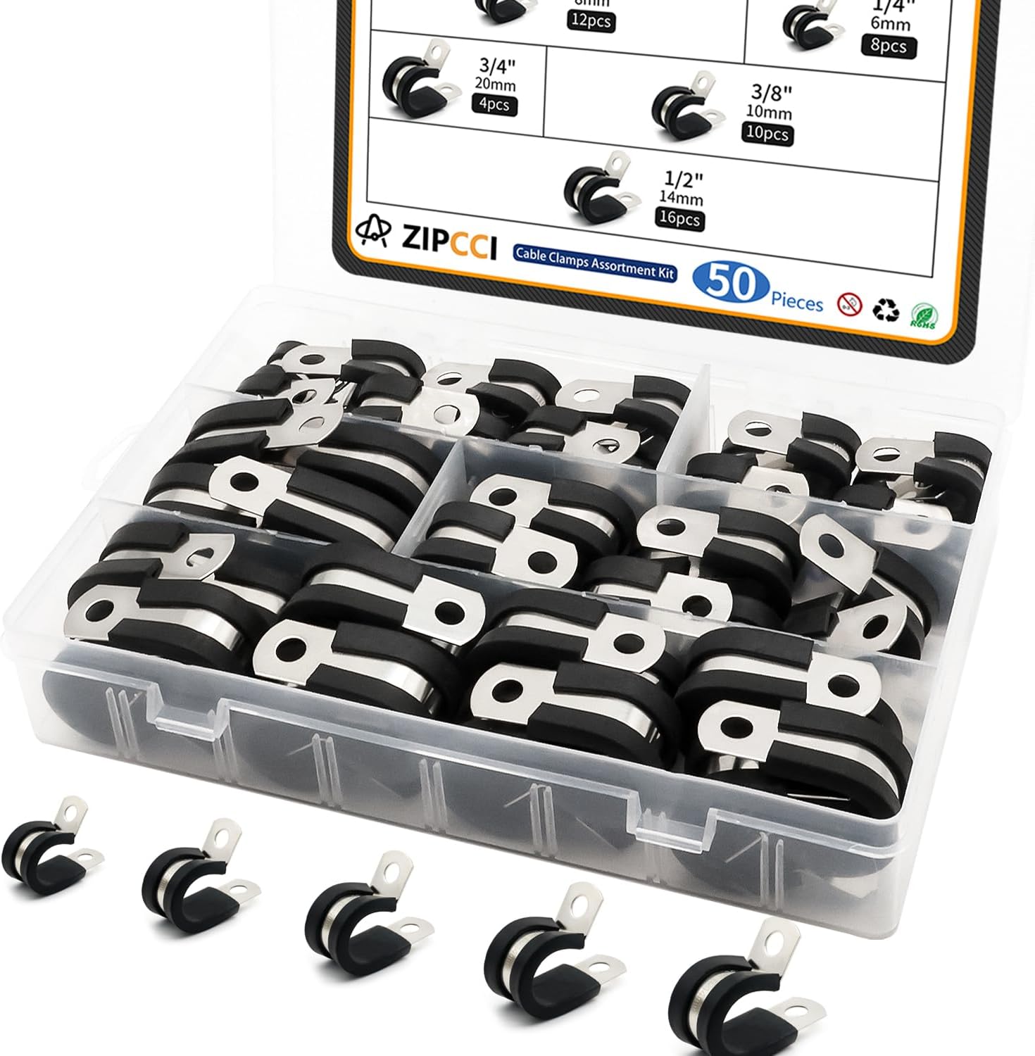 ZIPCCI Cable Clamps Assortment Kit, 50 Pack Stainless Steel Wire Clamp