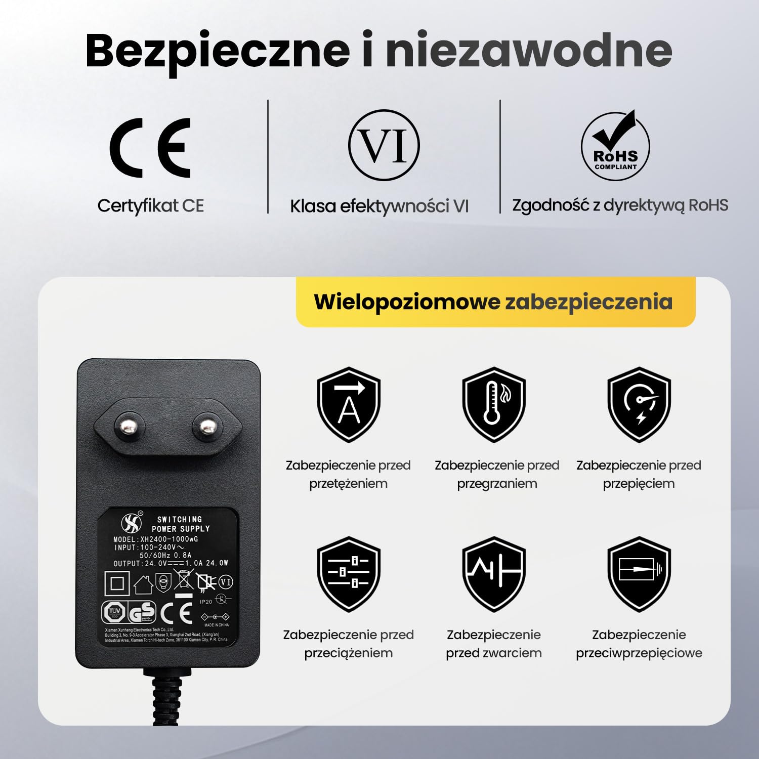 Zasilacz 24 V, 1 A, 24 W, długość 1,8 m, adapter przełącznika AC DC (wejście 100-240 V, wyjście 24 V 1A), gniazdo transformatora do montażu na ścianie DC 24 V 5,5 x 2,1 mm, znak CE