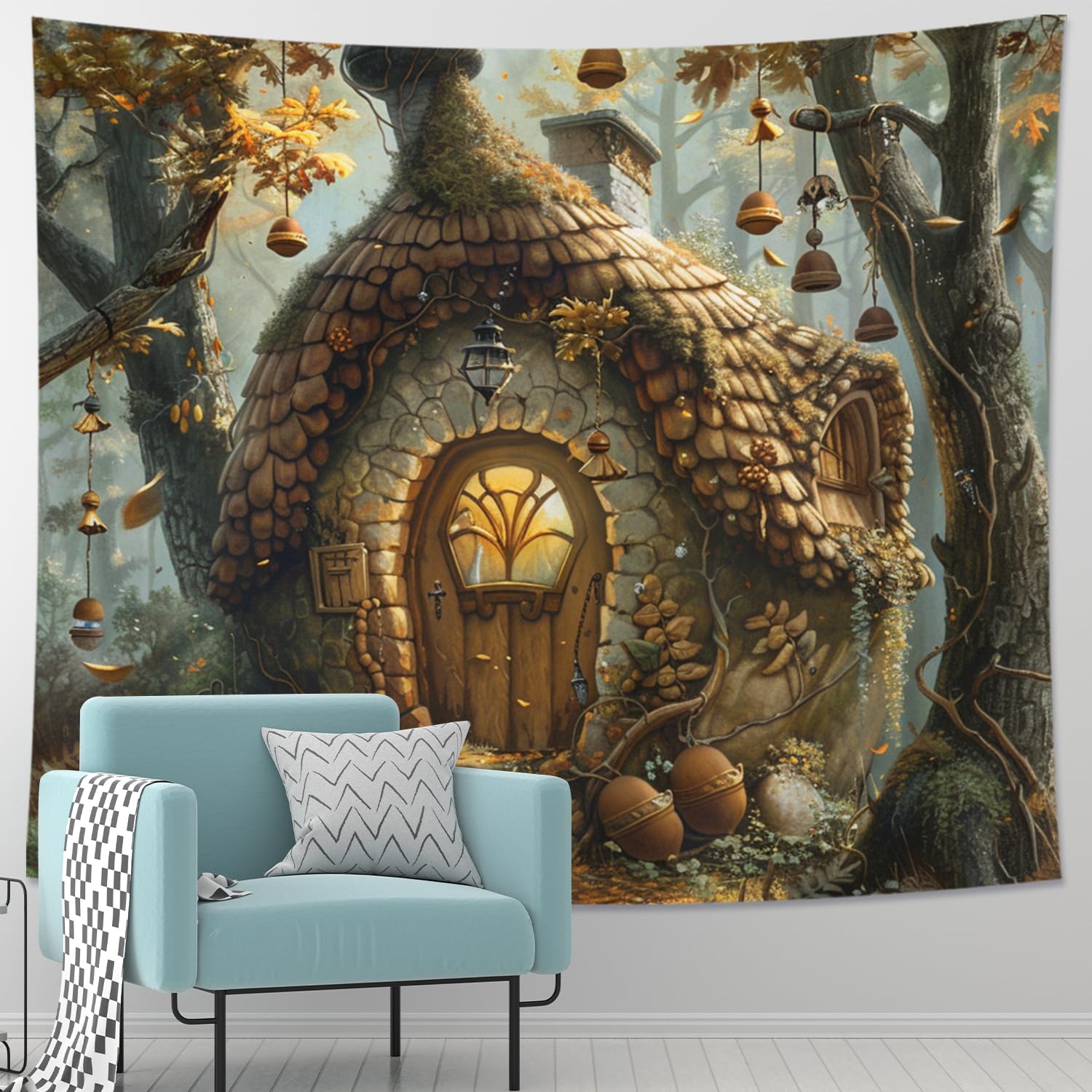 Fairy Cottage Forest Tapestry, Warm Autumn Decorative Wall Hanging for Living Room, Bedroom, Dorm, Cozy Woodland Aesthetic Decor 40x60 Inch