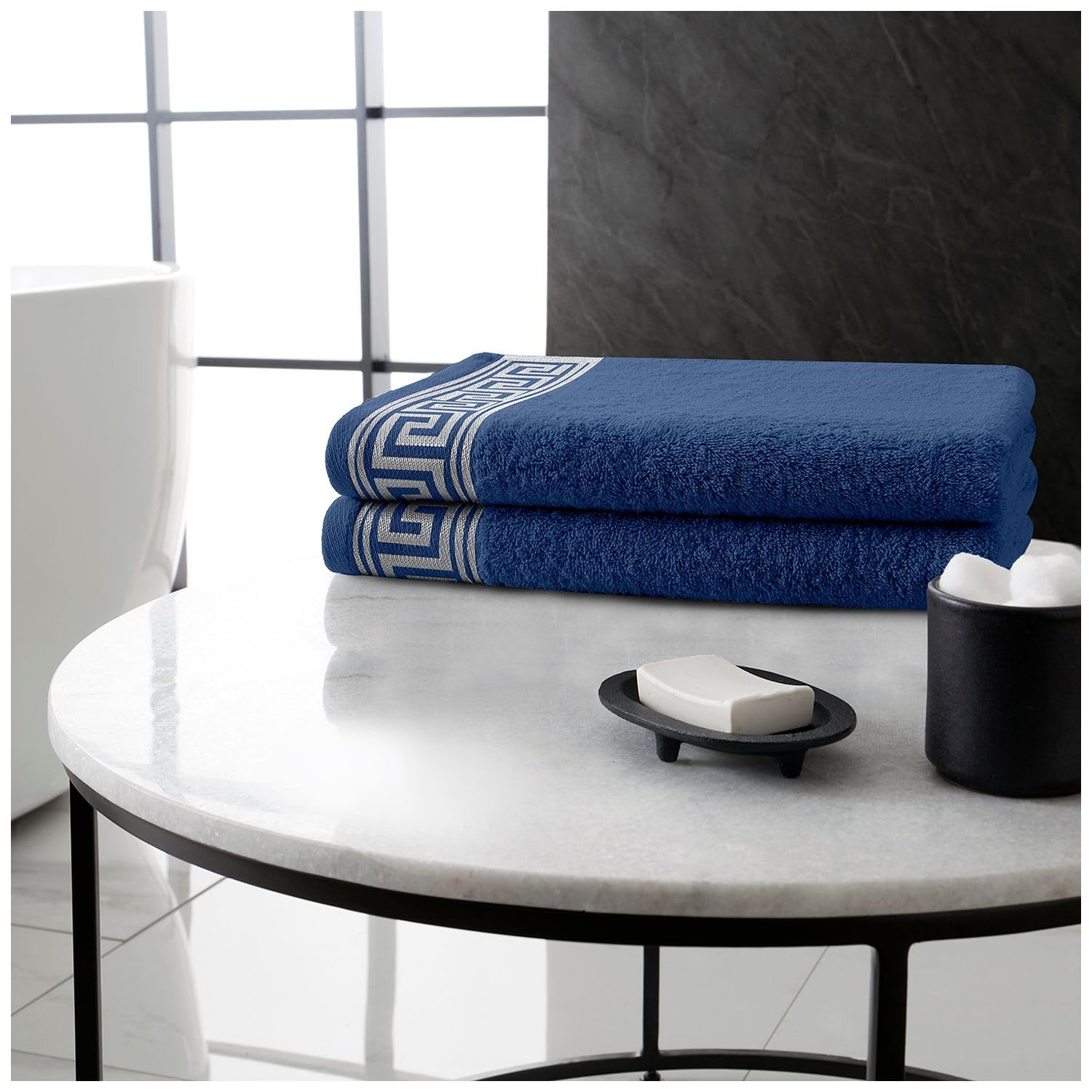 GC GAVENO CAVAILIA Luxury Egyptian Cotton Bath Towels | 4x Pack Large 500 GSM Towels | Greek Key Bathroom Towel Set Quick Drying & Super Absorbent - 70x120 Cm - Navy