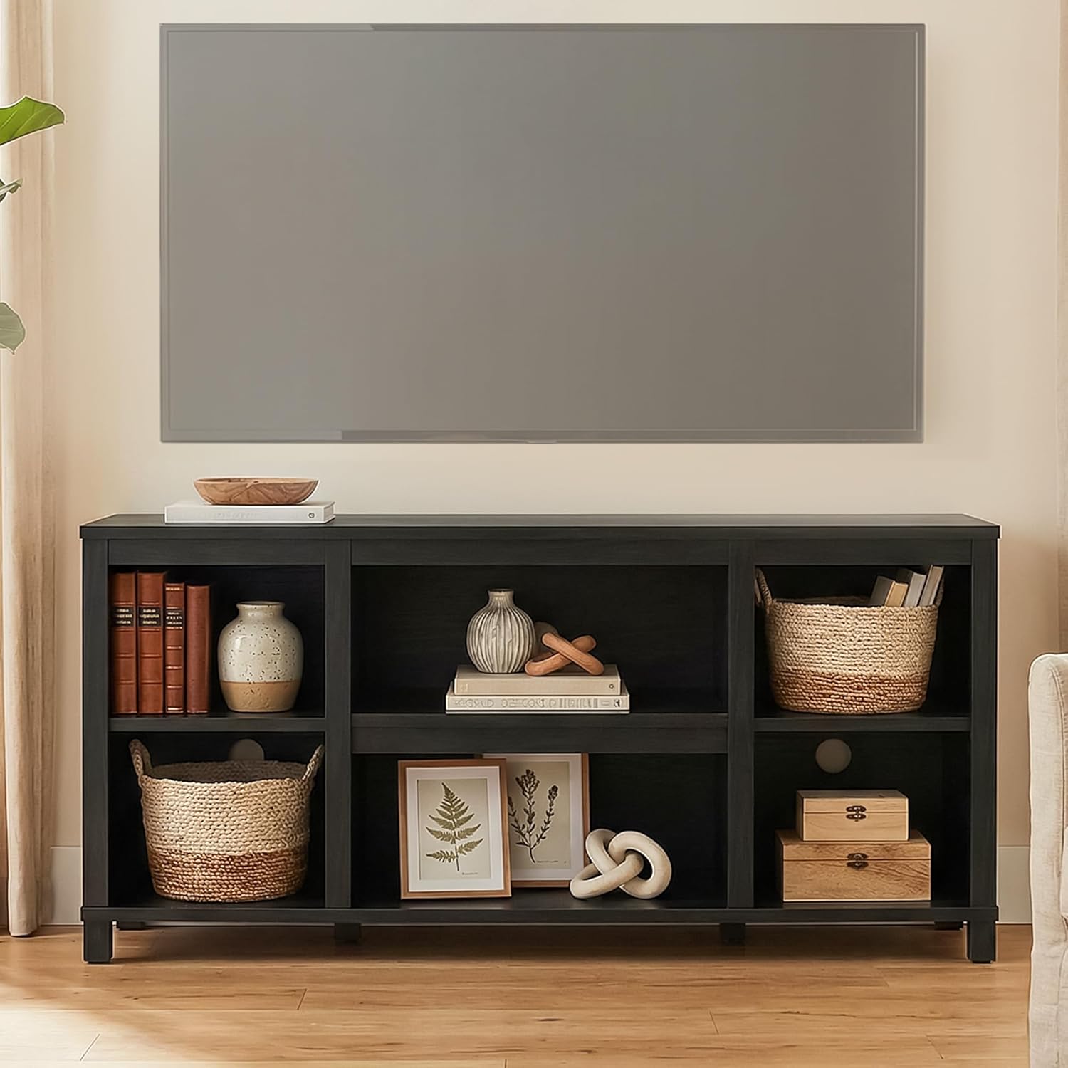 Small TV Stand for Bedroom, Minimalist Black Media Console with Storage and Open Shelf for TVs up to 55", Sturdy MDF Entertainment Center for Small Spaces (S)