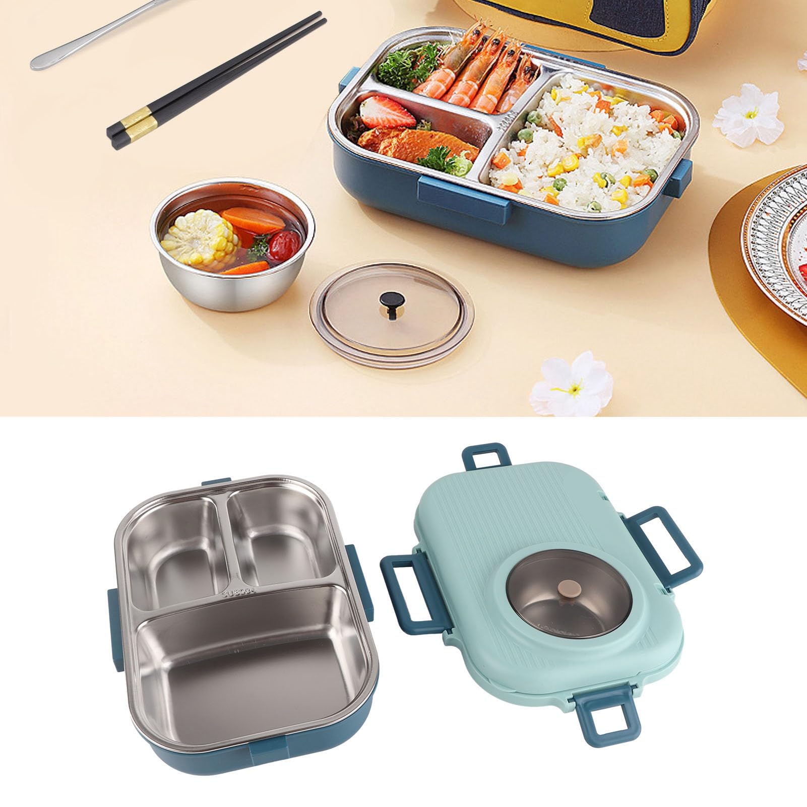 Akozon Thermal Lunch Box 1100ml Double Layer 3 Grid Design 304 Stainless Steel Box with Chopsticks Spoon Soup Bowl For Home Use, Multifunctional Accessory (Blue)