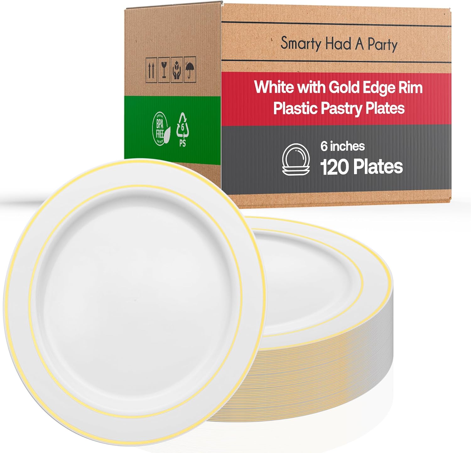 Smarty Had A Party 120 Pcs Elegant Disposable Dessert Plates, 6" Heavy Duty Fancy White Plastic Plates with Gold Rim for Appetizers, Salads, and Cakes