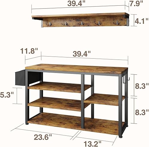 Miniatura 5 de Aiho Hall Tree con banco, juego de perchero 4 en 1, banco industrial para zapatos con 4 ganchos, 5 cubos de almacenamiento para zapatos, para