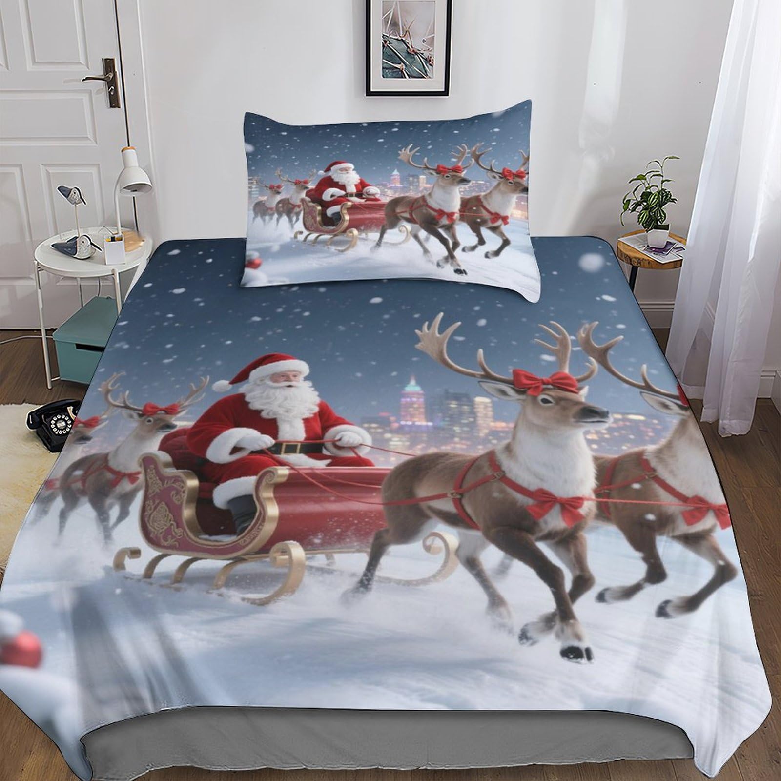 Santa Claus & Elk Duvet Cover Beddings Set 3D Comforter Christmas Covers for Boys Girls Kids Bedding & Microfiber With Pillow Case Single（135x200cm）