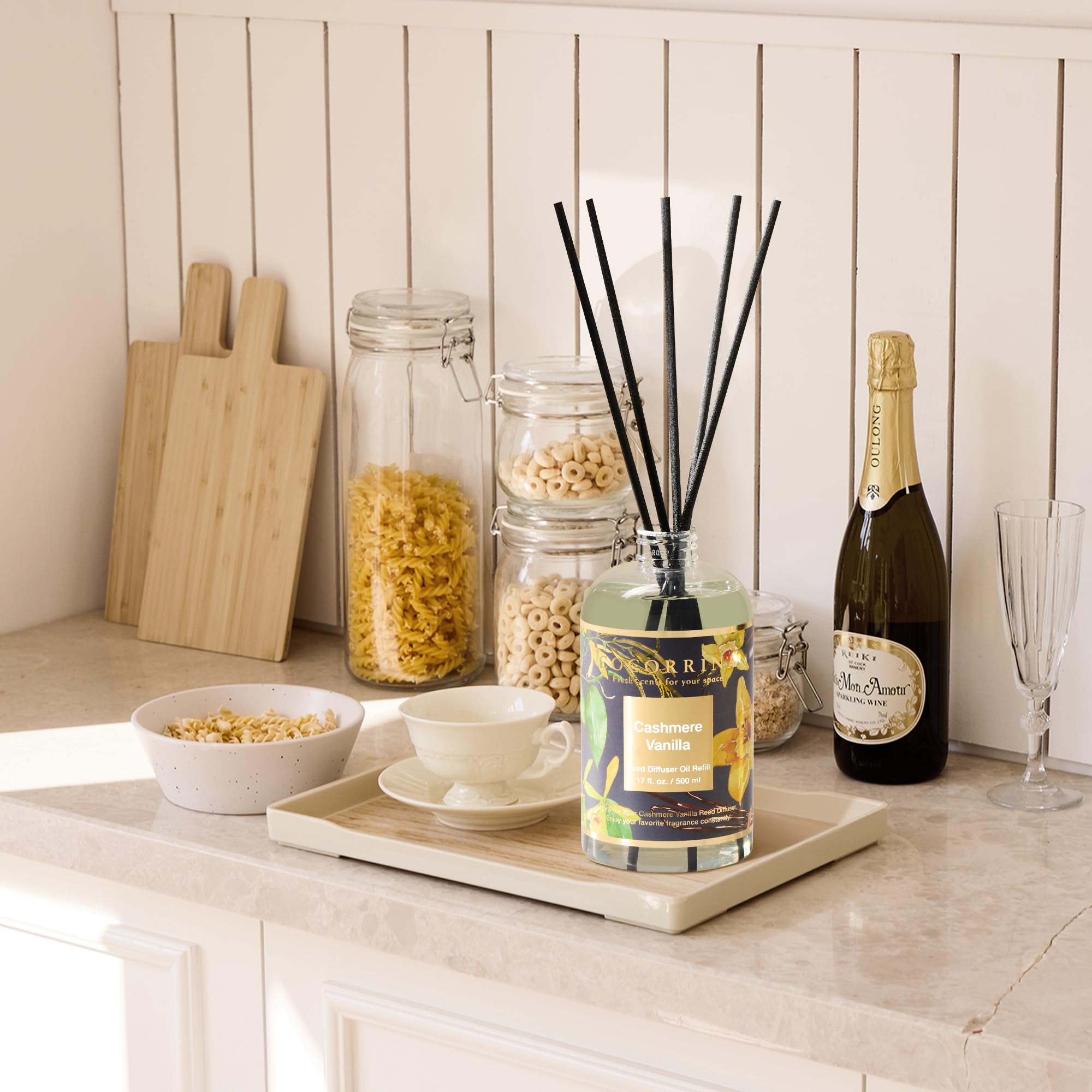COCORRÍNA Ricarica Diffusore Ambiente 500ml con 8 Bastoncini, Cashmere Vanilla, Profumo Lungo Durata con Oli Essenziali Naturali, Camera da Letto e Bagno