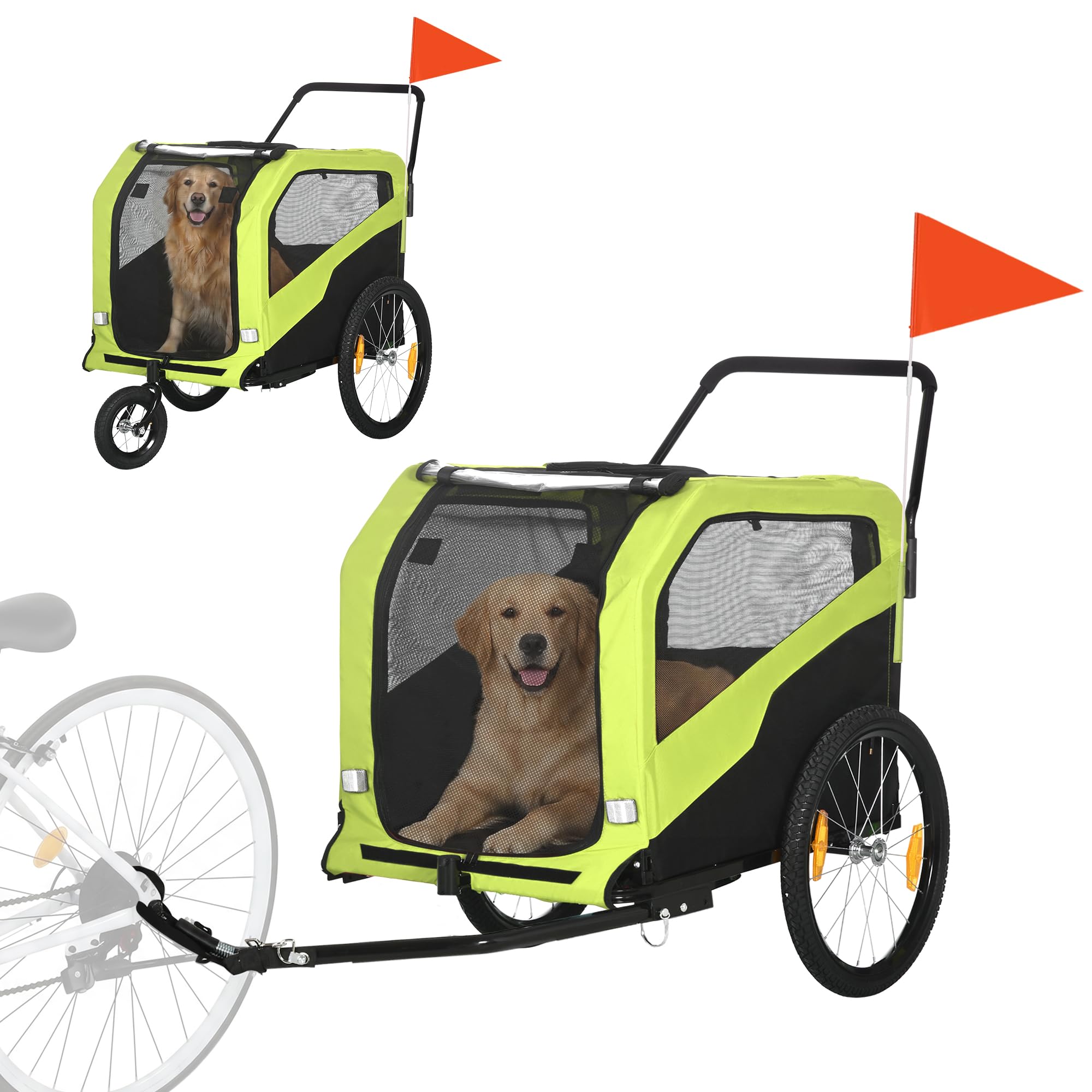 PawHut Rimorchio bici 2 in 1 passeggino per cani grandi con gancio verde | Ruote 20" a sgancio rapido, carrello bici per animali, per viaggio