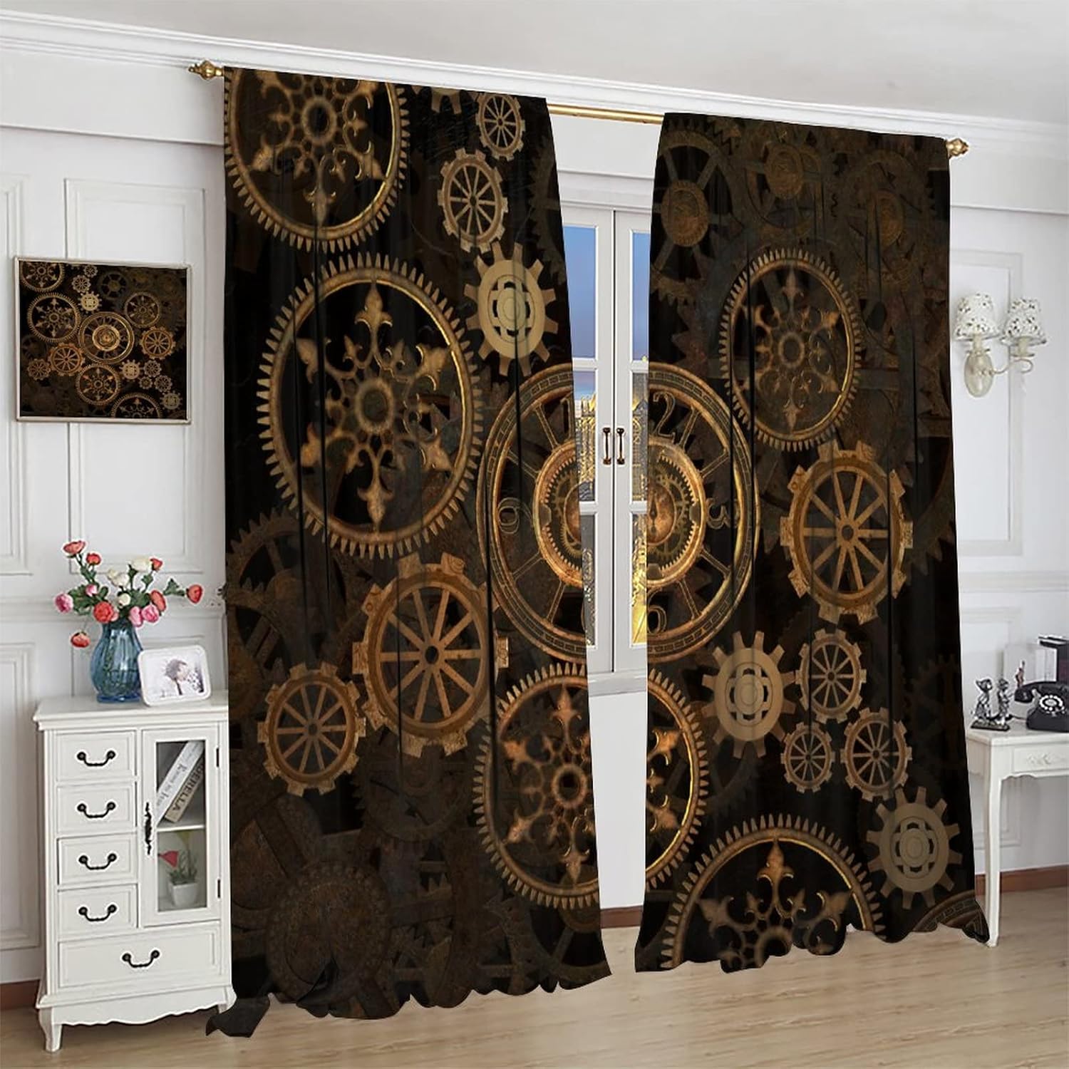 JESTRONRY Industrial Curtains, Retro Steampunk Clocks and Gears Blackout Rod Pocket Window Drapes for Living Room Bedroom Kitchen Bathroom W55xL63in