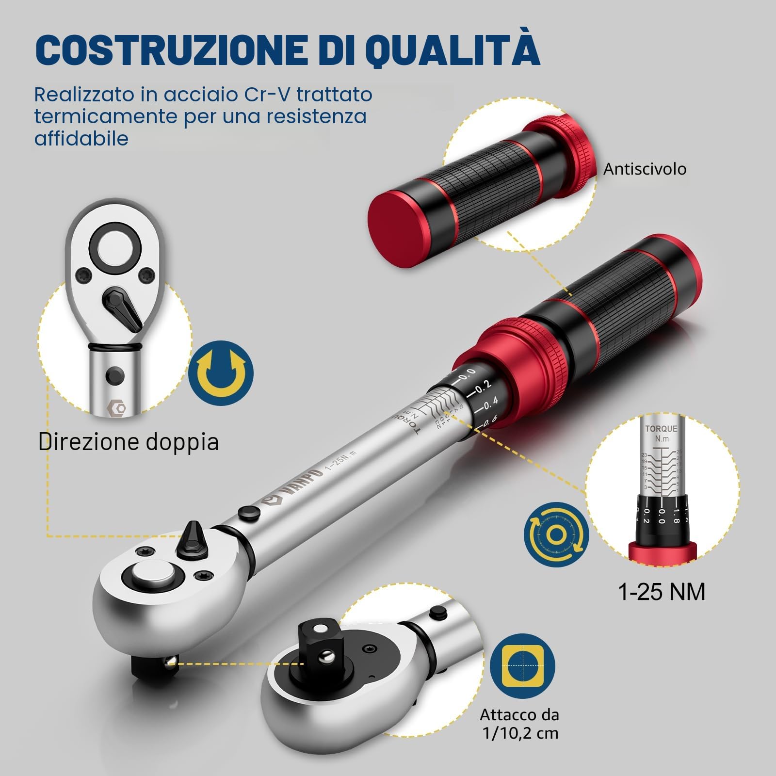 VANPO Chiave Dinamometrica Bici, 1-25NM, Precisione ±3%, 32 Pezzi 1/4” Chiavi Dinamometriche Set con Torx, Phillips, Taglio, Esagonale, Pozidriv per Bici da Strada e Montagna, Moto