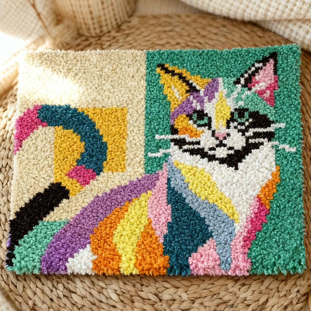 ORIGACH Colorful Abstract Cat Latch Hook Rug Kit for Adults Printed Rug Making Kit Handmade Carpet Tapestry Cover with Hook Latch and Preprinted Canvas, Home Arts Crafts Sofa Decor, 20.5x15inch