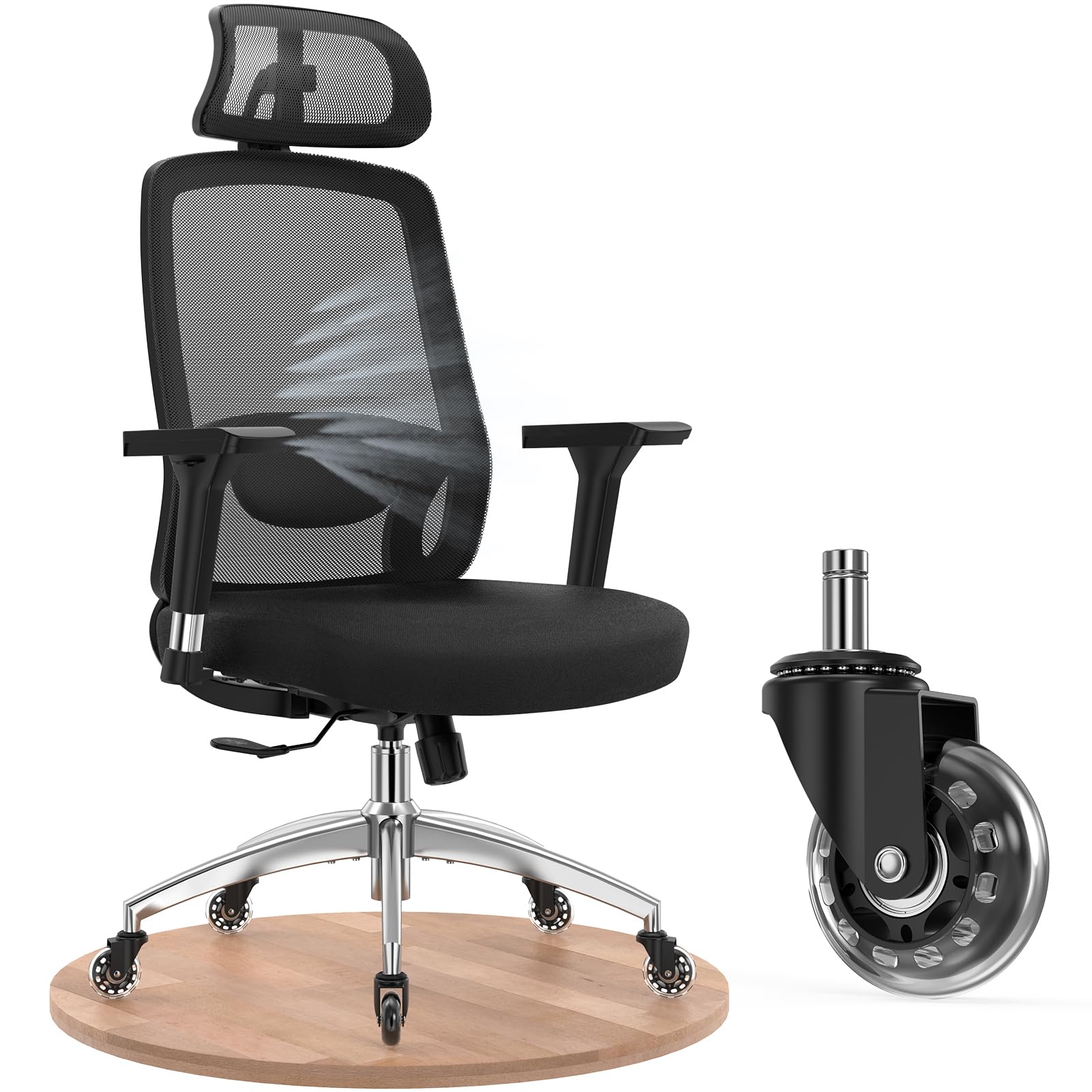 mfavour Ergonomischer Bürostuhl mit Gummirollen, 4D-Armlehnen, Verstellbarer Kopfstütze und Lendenstütze, atmungsaktiver Netz-Schreibtischstuhl, Metallfußkreuz, bis 150 kg belastbar, Schwarz