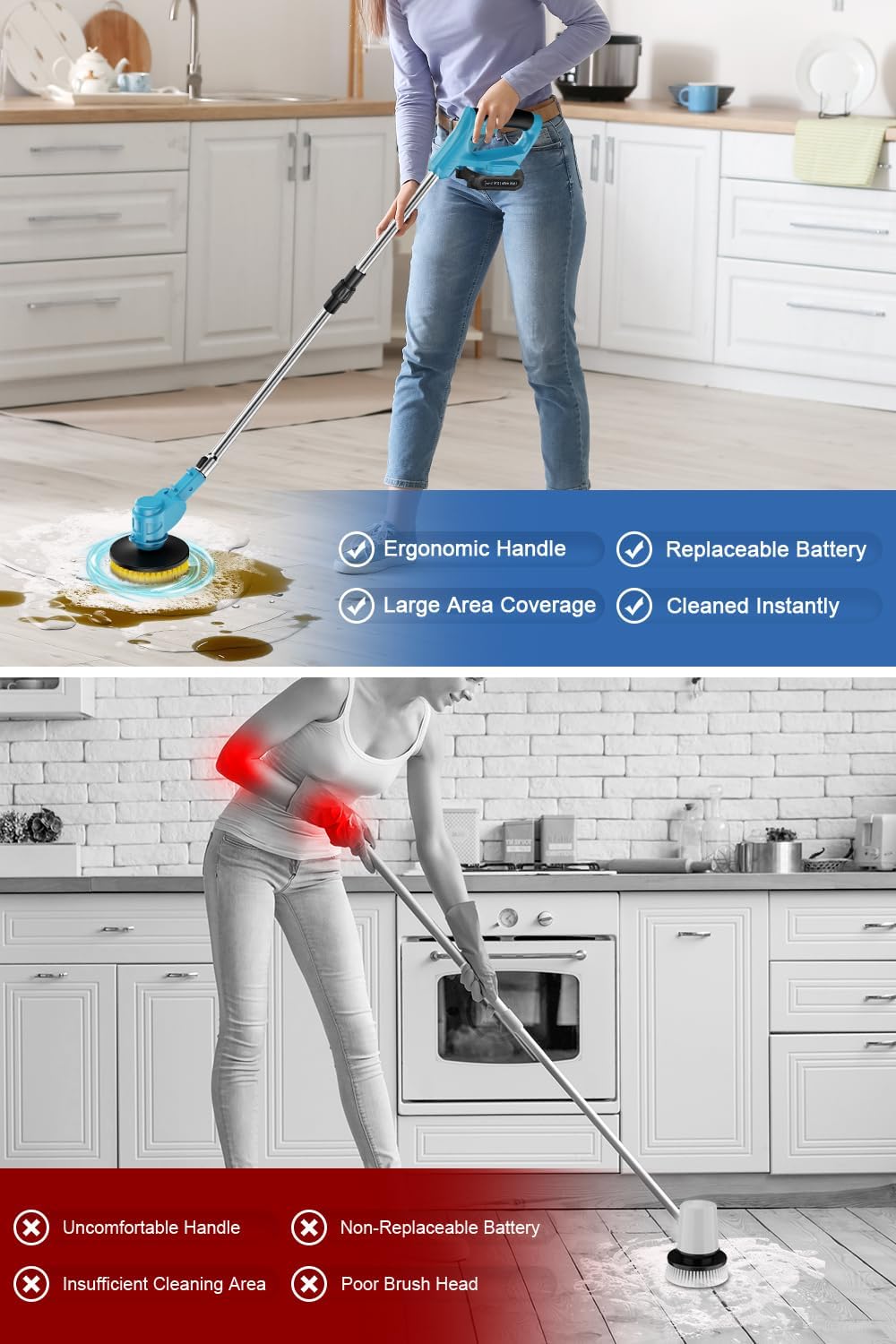 Electric Spin Scrubber Extra Long Foldable,Cordless Rechargeable Spin Scrubber Battery Power 21V,1800RPM Cordless Electric Power Scrubber with 6 Brushes for Bath/Tub/Tile/Floor/Walls