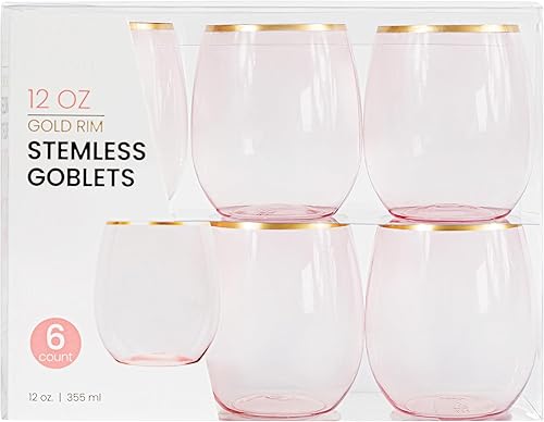 PLASTICPRO Paquete de 6 copas de vino de plástico rosa con borde dorado, sin tallo, desechables, de 12 onzas, sin BPA, vasos de plástico