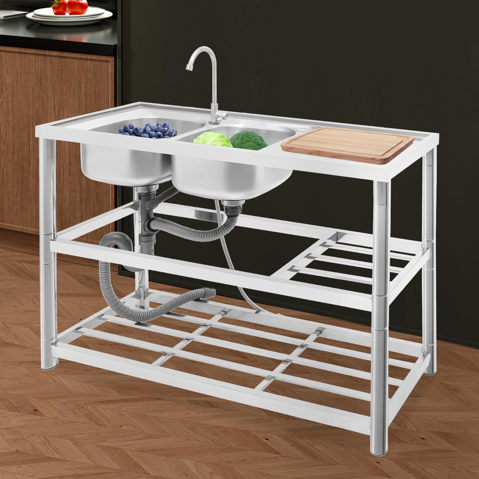 Lavello autoportante in acciaio inox, doppia ciotola, set completo di lavello, lavandino da interni per esterni, con 2 vasche d'acqua, 1 rubinetto, tubi di scarico, filtro di scarico, tubi di