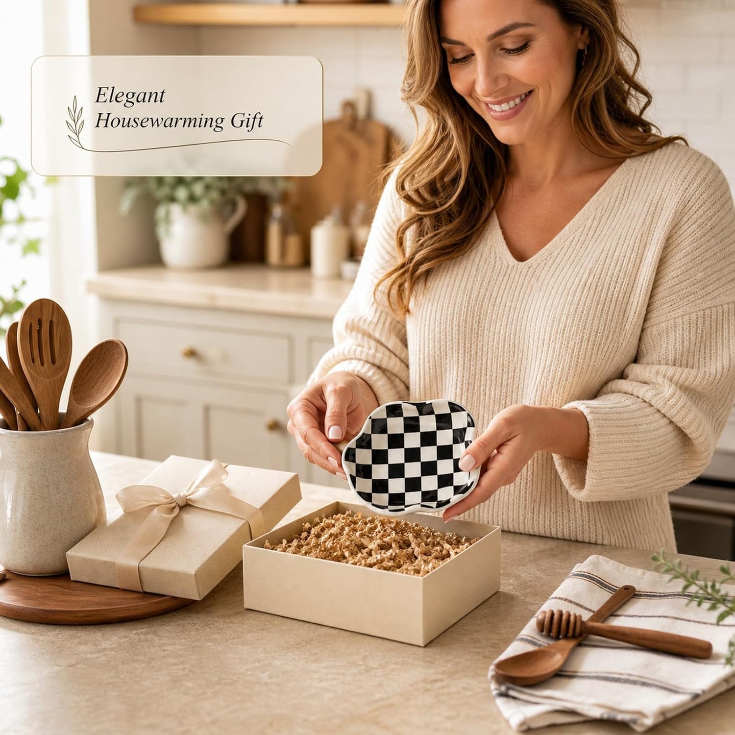 Ceramic Flower Shaped Spoon Holder, 5.2 Inch Black and White Checkered Kitchen Utensil Rest, Countertop Storage Organizer for Stove & Coffee Table, Essential Cooking Accessory