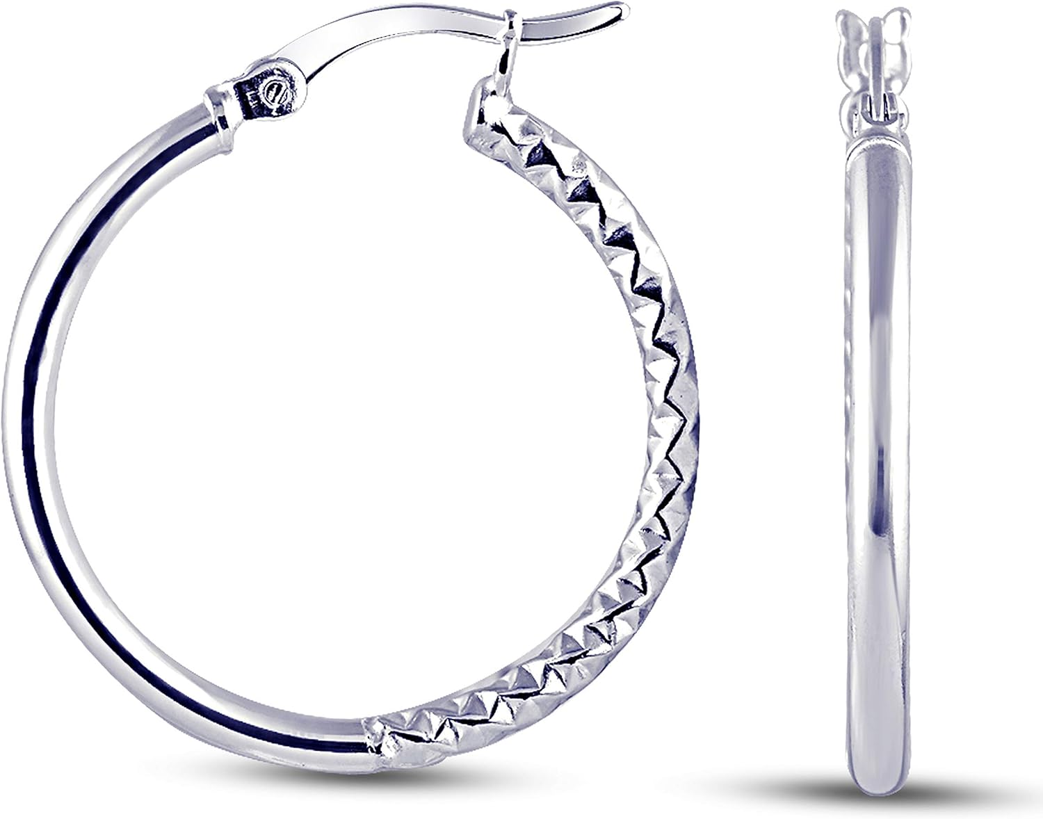 Charmsy 925 Sterling Silver Diamond-Cut Hoop Earrings for Women | Click Top Texured Hoops Earring Jewelry | Size 40mm