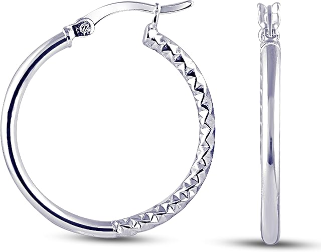 Charmsy Sterling Silver Jewelry Round Shaped Half Textured Click Top Hoop Earring for Women