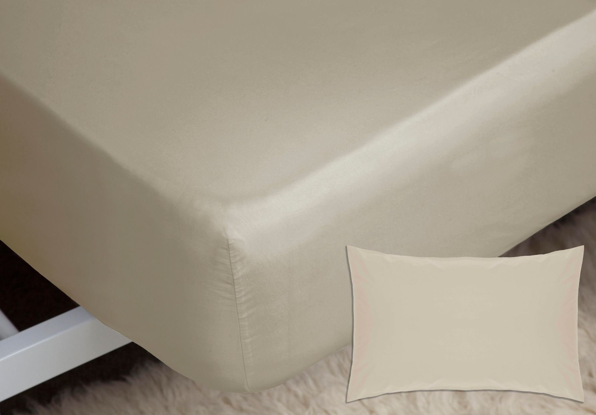 Belledorm Luxury Fitted Bed Sheet With Matching FREE 2 X PILLOW CASE Plain Dyed Poly Cotton Percale Easy Care Bed Sheet Genuine 50% cotton 50% polyester (Single, Mushroom) — image 1