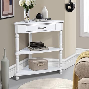 Triangle Corner Table with Storage Drawer - 3-Tier Solid Wood End Table for Small Spaces, Living Room Corner Accent Table with Espresso Top and Drawer 33.86" x 20" x 34.6", Milk White