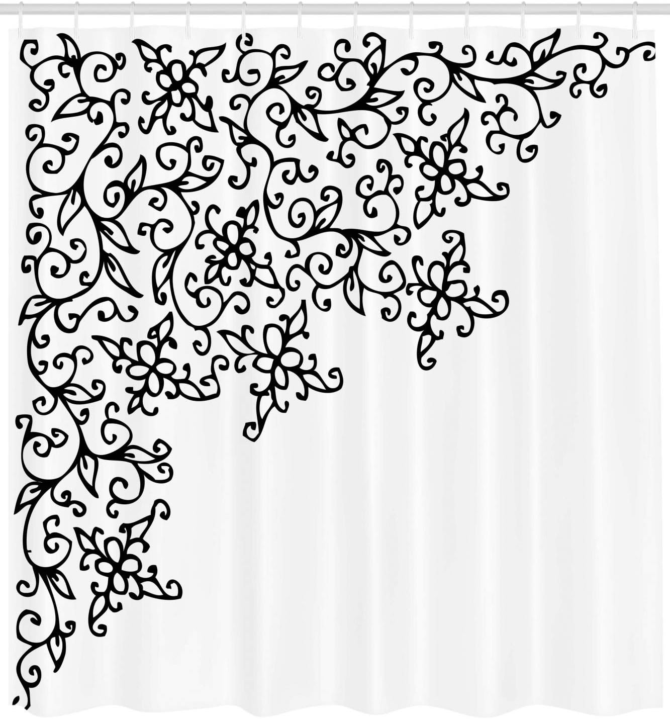 Ambesonne Abstract Shower Curtain, Floral Vignette Design Swirled Rococo Style Ornament Nature Pattern, Cloth Fabric Bathroom Decor Set with Hooks, 69" W x 84" L, White Black