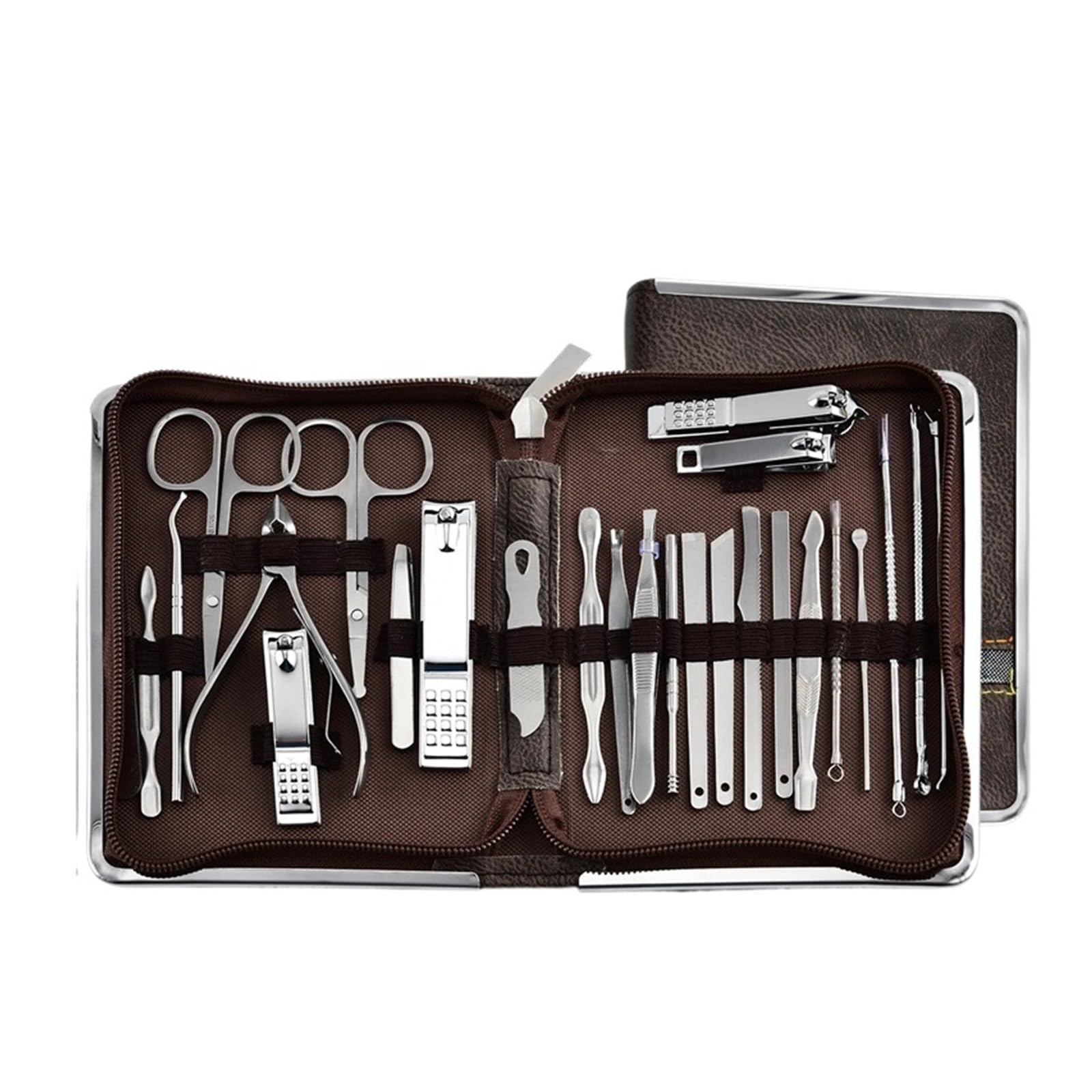 Juego de Herramientas manicura 26 uds, pinzas for cutículas y Kit cortador, cortaúñas profesionales for pedicura, herramientas arte, acero inoxidable(Brown 26pcs)