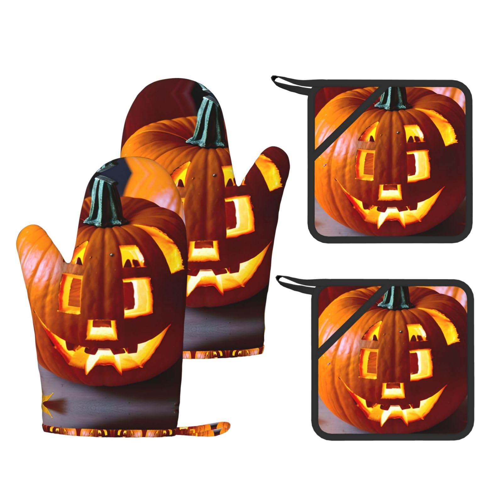 fall pumpkin Printed Oven Mitts with Pocket and Hot Pads, Silicone Non-Slip Kitchen Gloves for Baking BBQ