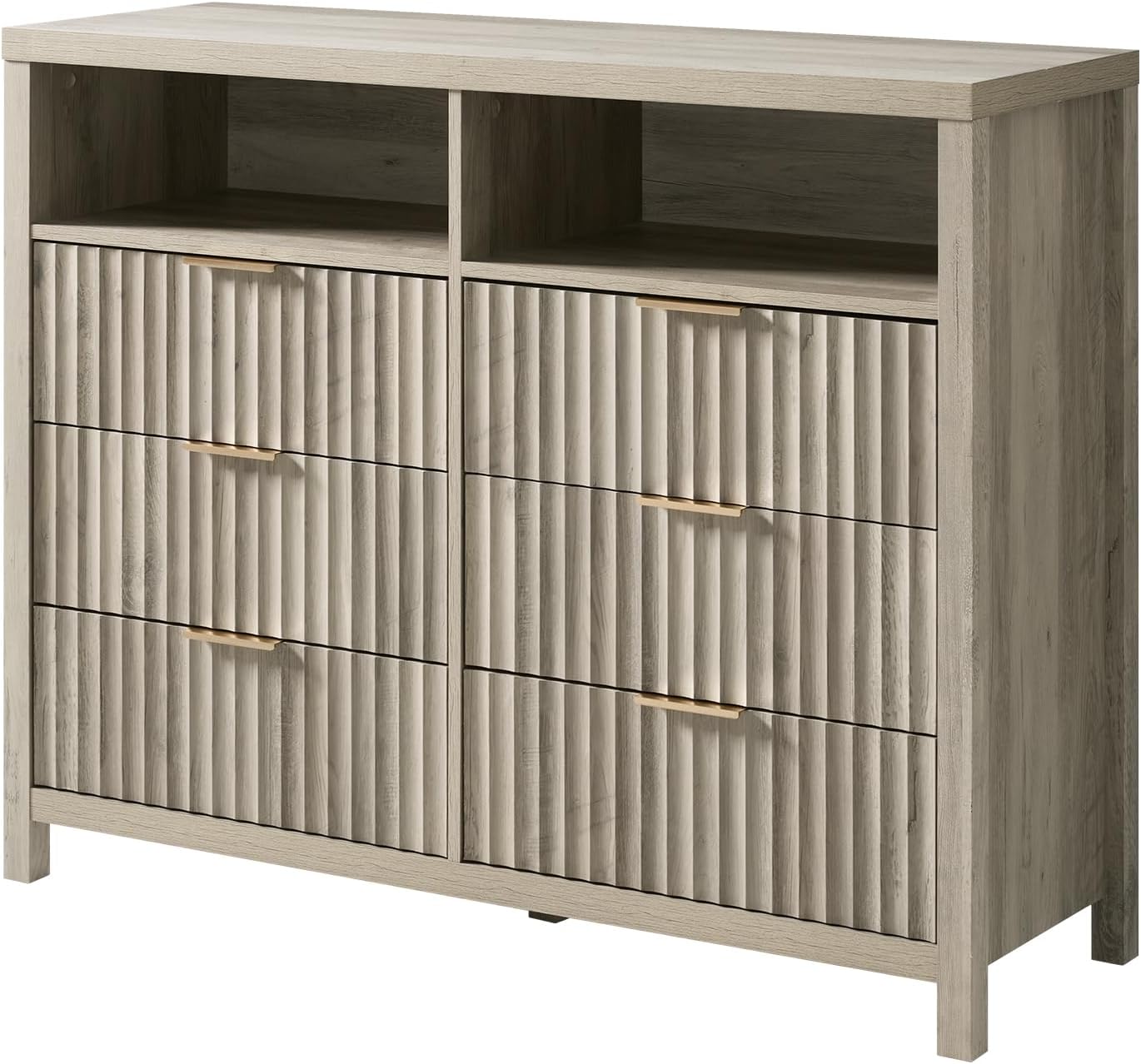 Fluted 6 Drawer Dresser for Bedroom, Tall Wide Chest of Drawers with Storage Organizer, Mid Century Modern Closet Drawer TV Stand for Living Room Hallway (Grey Oak)