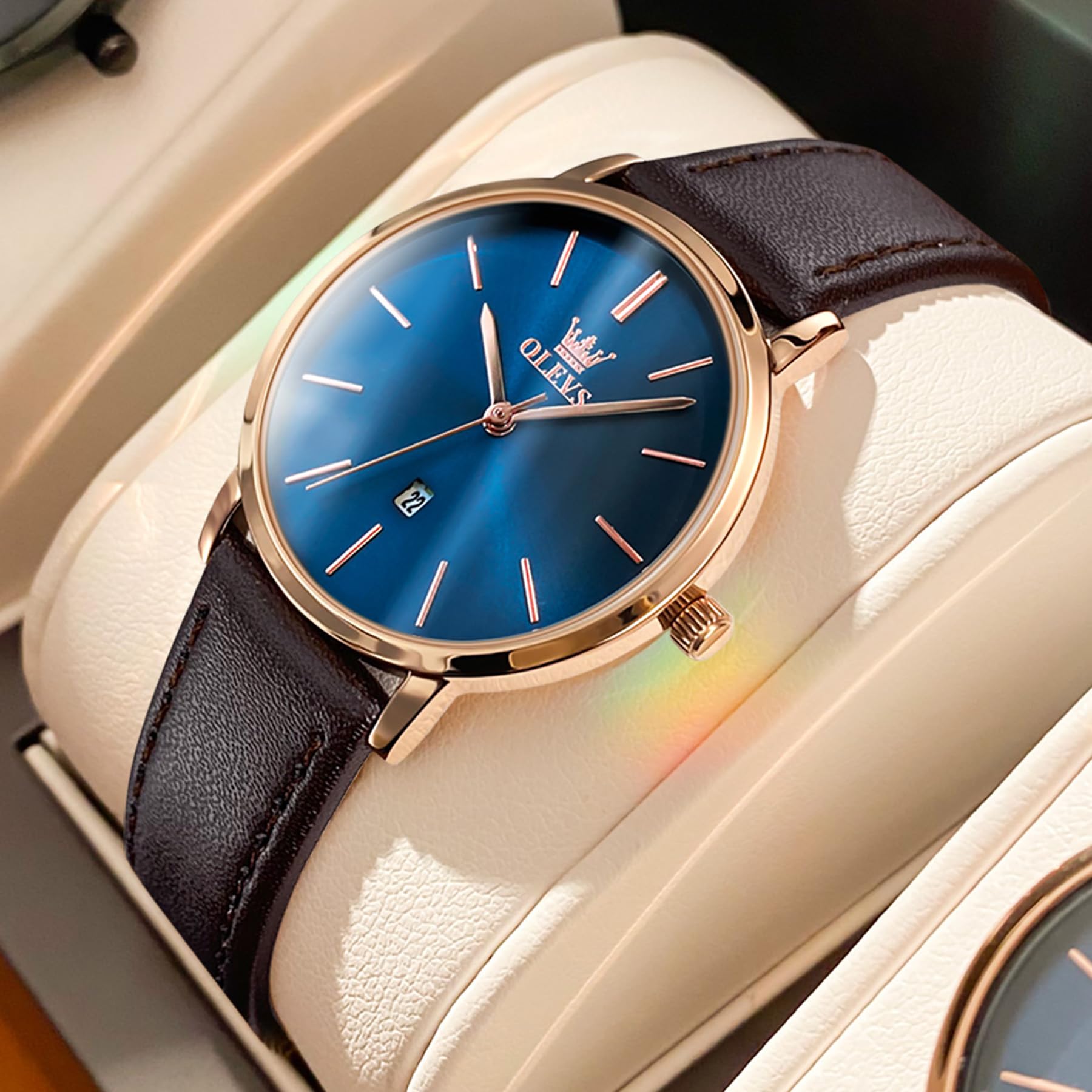 OLEVS Damen-Armbanduhr, 6,5 mm, minimalistisches Design mit Lederband, Datumsanzeige, 30 m wasserdicht, Quarz, ultradünn, Business-Armbanduhr