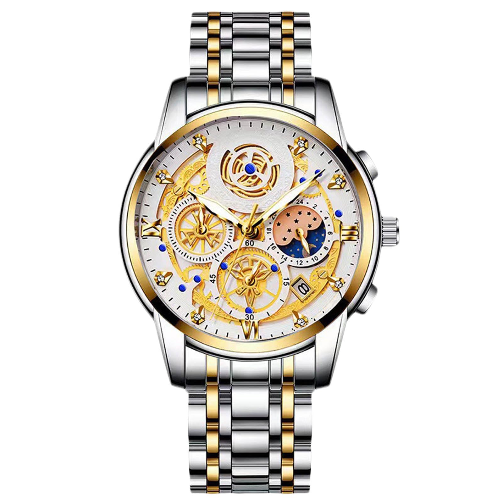 RORIOS Orologio Da Uomo Analogico Al Quarzo, Cinturino In Acciaio Inossidabile, Quadrante Con Diamanti, Luminescente, Calendario, Impermeabile 30 M, Con Rimuovi Maglie E Confezione Regalo - 3