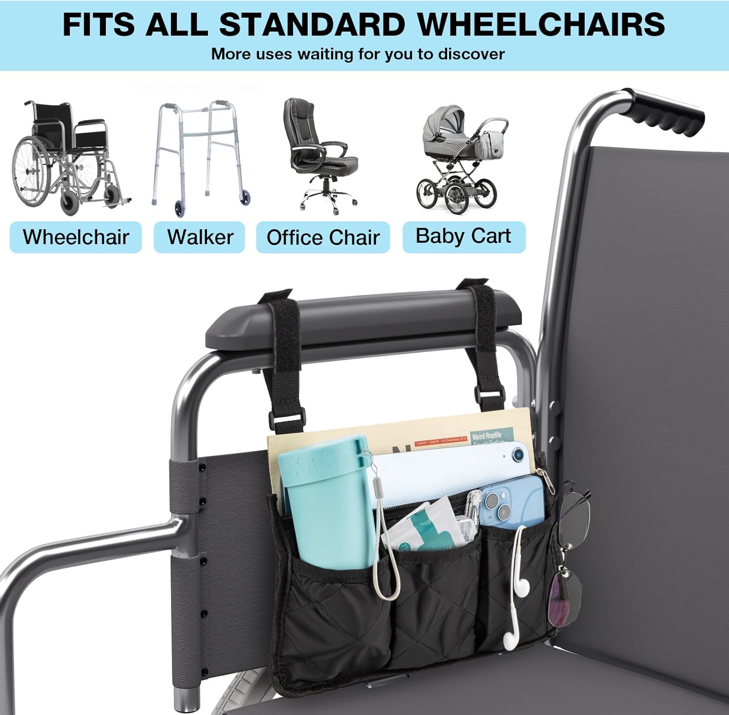 Noverlife 2 Pack Wheelchair Side Bag with Cup Holder, Walker Storage Pouch