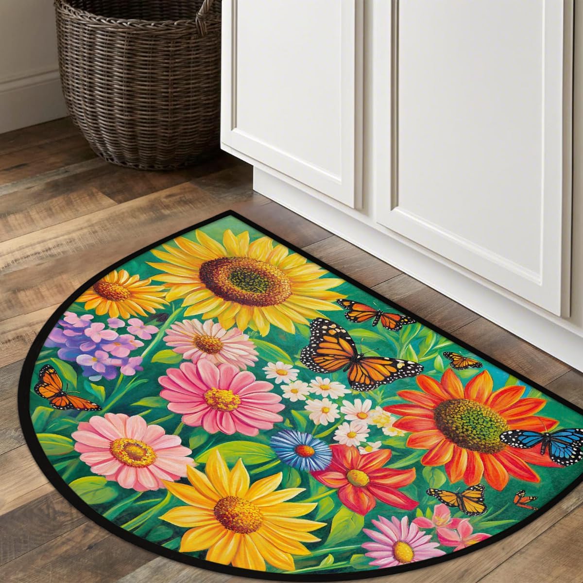 Half Round Door Mat Garden Spring Flowers Non Slip Absorbent Semi Circle Area Rugs Washable Half Moon Floor Mats for Indoor Patio Kitchen Bathroom Entryway Fireplace Home Carpet Decor