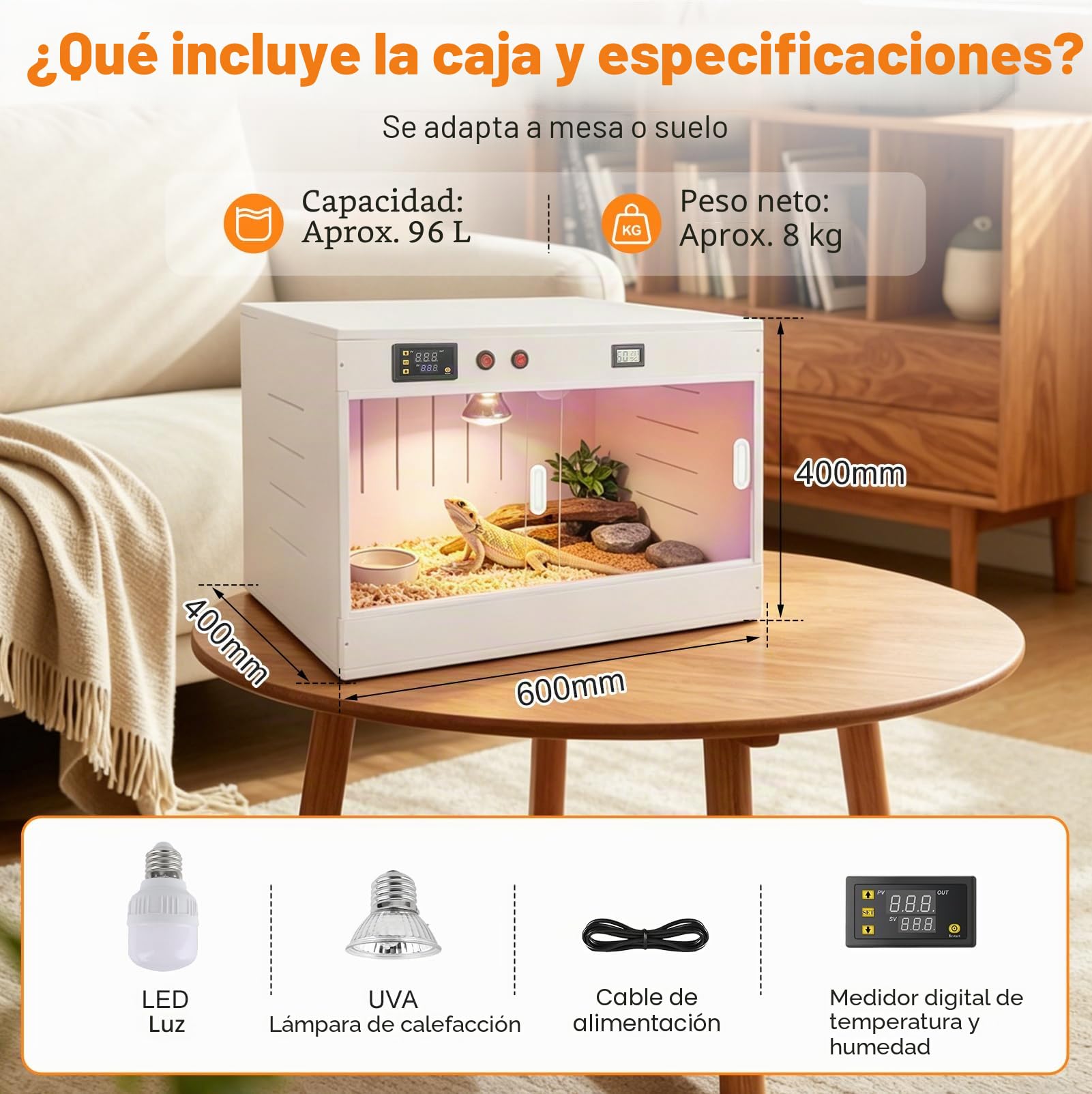 Caja Criadora de Pollitos 96L con Calefacción UVA y Control Temperatura | Calentadora Pollitos, Terrario Reptiles con Lámpara LED y Puerta Corredera, para Geckos, Lagartos, Tortugas y Aves Pequeñas
