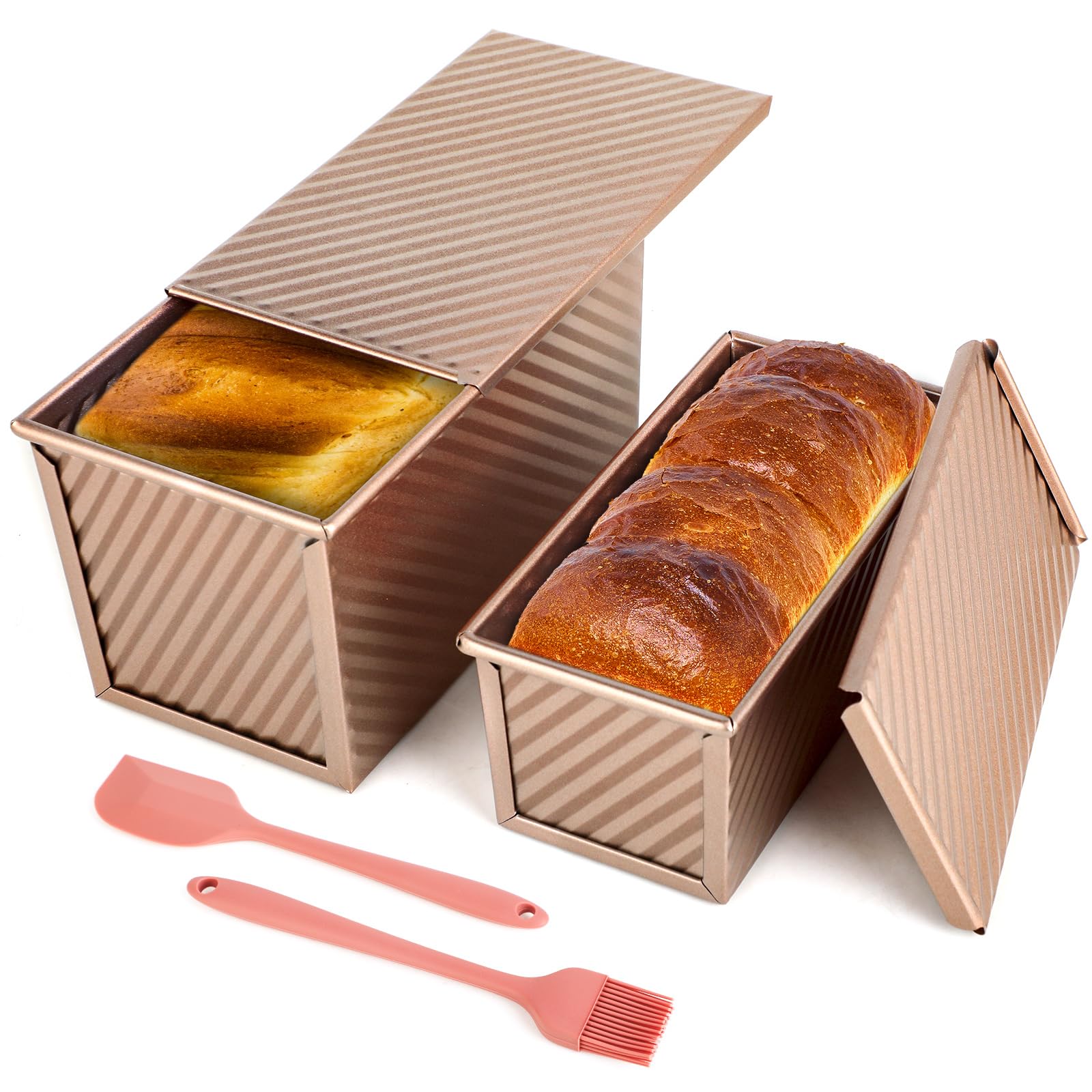 Juego de 2 Moldes para Pan con Tapa – Molde Antiadherente para Pan de molde, Bizcochos, Molde Rectangular Reposteria con Tapa para Uso Doméstico, incluye 1 Espátula de Silicona y 1 Brocha de Silicona