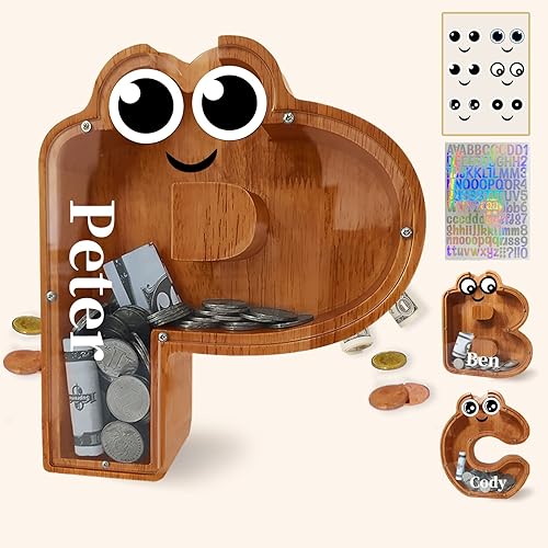 Miniatura 2 de Alcancía de madera, alcancía de letras personalizadas (9.1 pulgadas, grabado láser), caja de dinero de madera, alcancía de regalo para niños, regalo