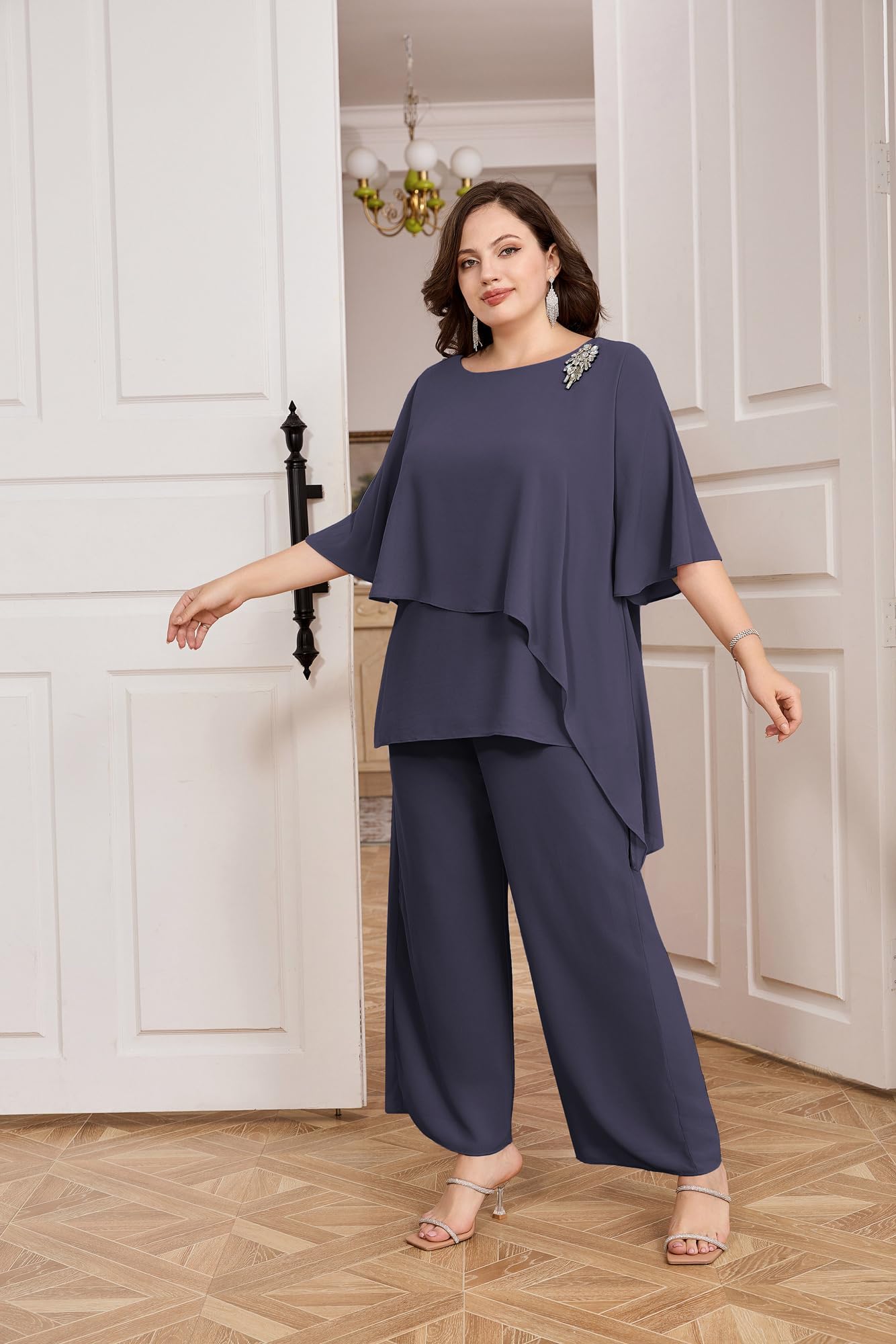 Hanna Nikole Damen Große Größen Chiffon Abendanzug Sets Cocktail Party 2-Teiliges Set Hosenanzug