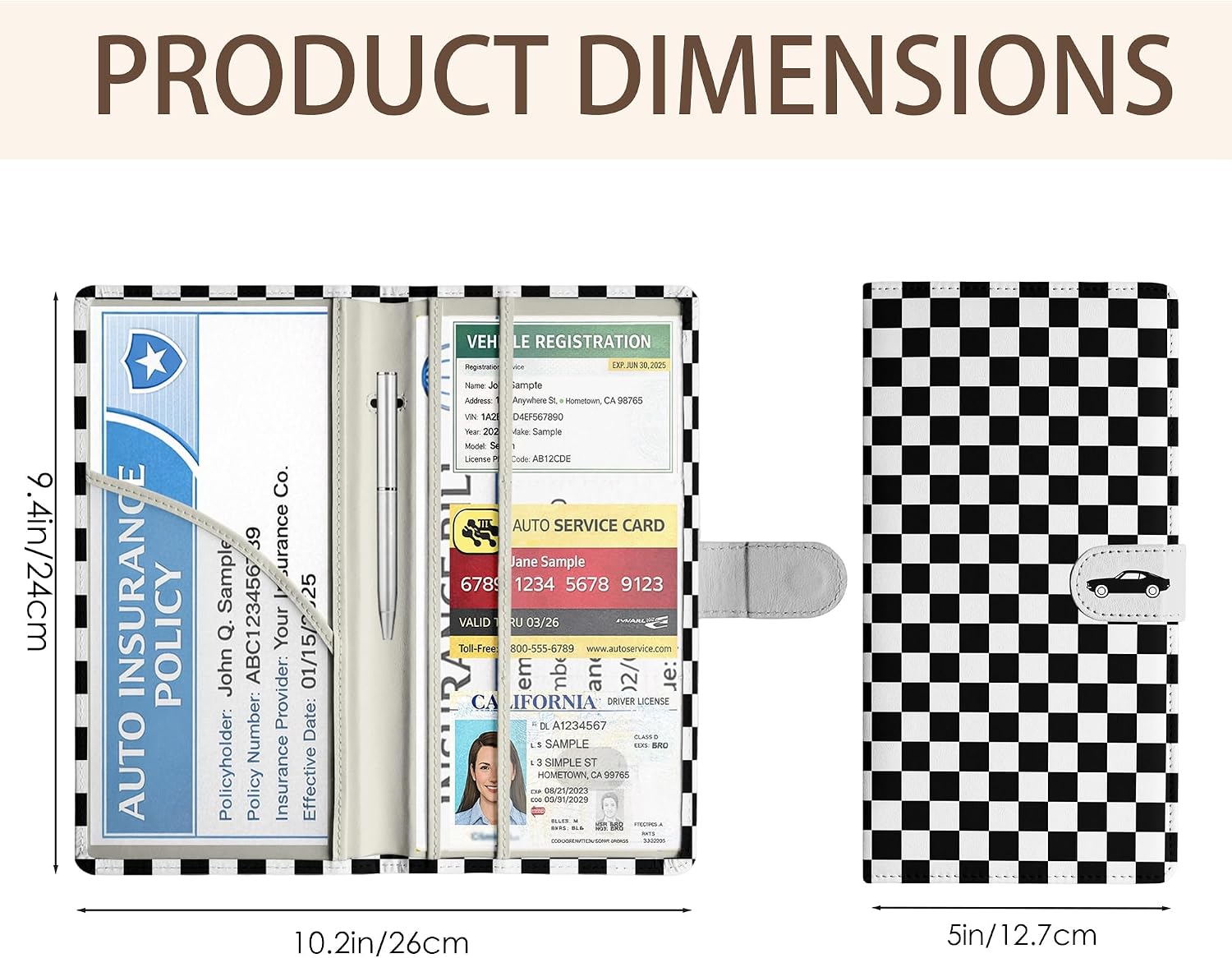 Car Registration and Insurance Holder, PU Leather Vehicle Document Organizer for Glove Box, Auto Document Holder with Magnetic Closure, Card Slots, Pockets & Easy Access Slot – Checkerboard